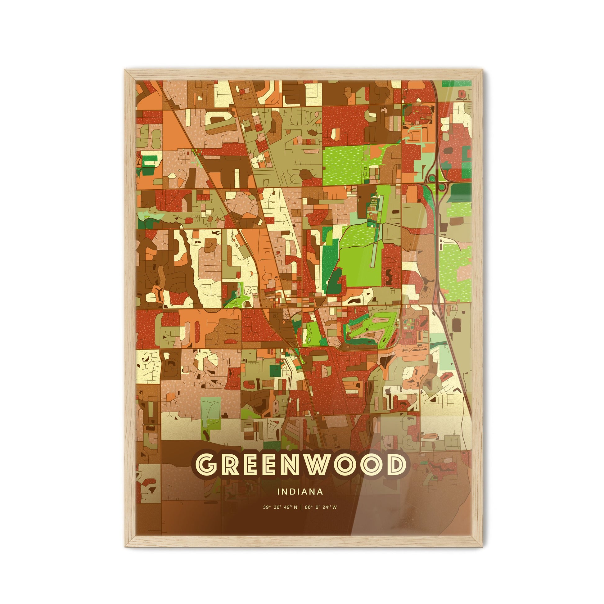 Colorful GREENWOOD INDIANA Fine Art Map Farmhouse