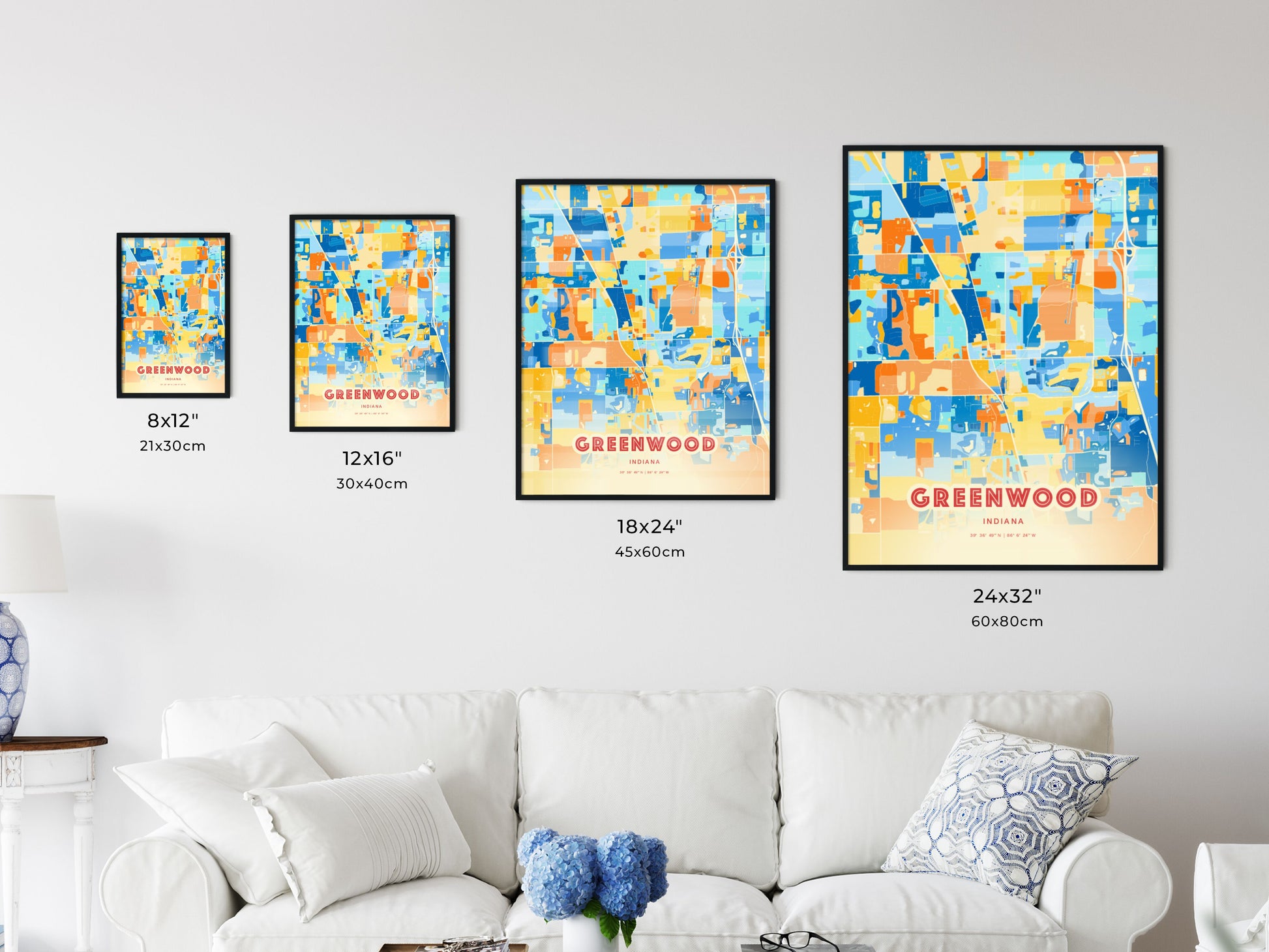 Colorful GREENWOOD INDIANA Fine Art Map Blue Orange