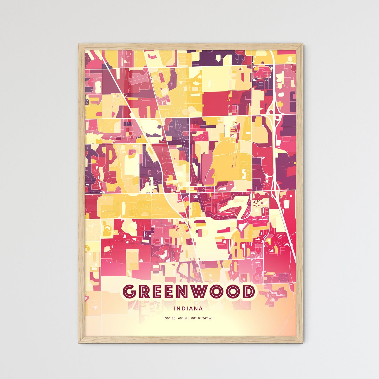 Colorful GREENWOOD INDIANA Fine Art Map Hot Red