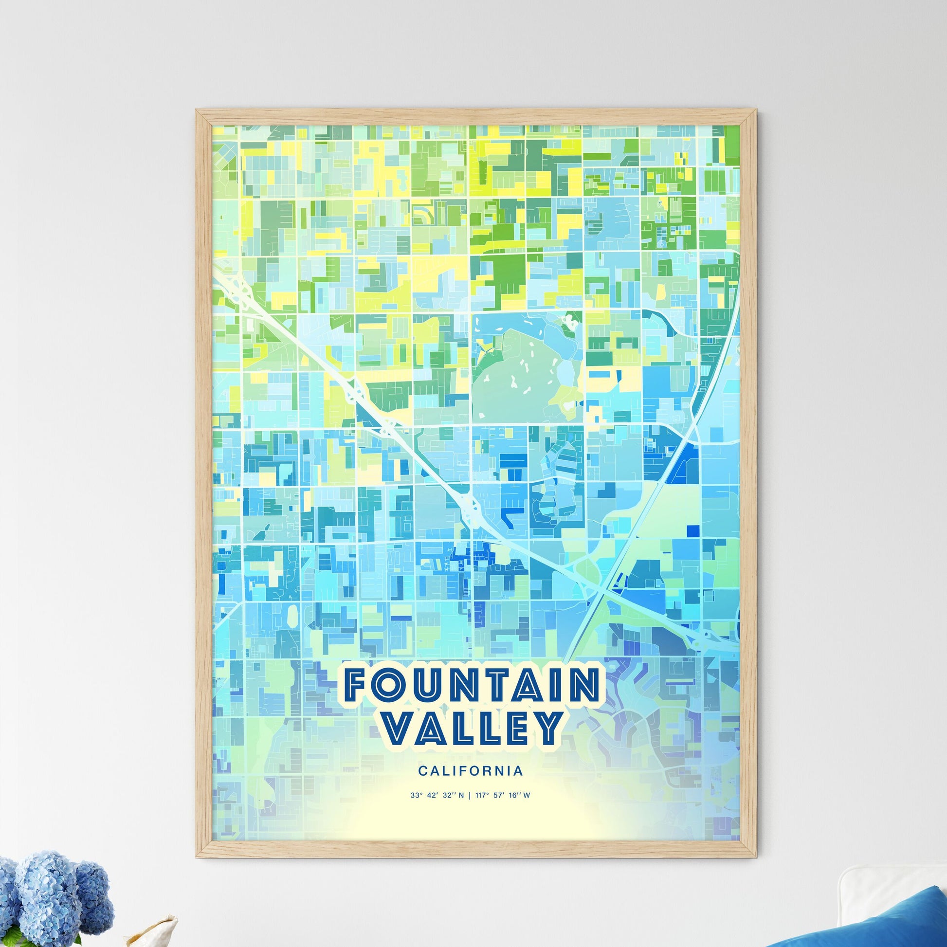 Colorful FOUNTAIN VALLEY CALIFORNIA Fine Art Map Cool Blue