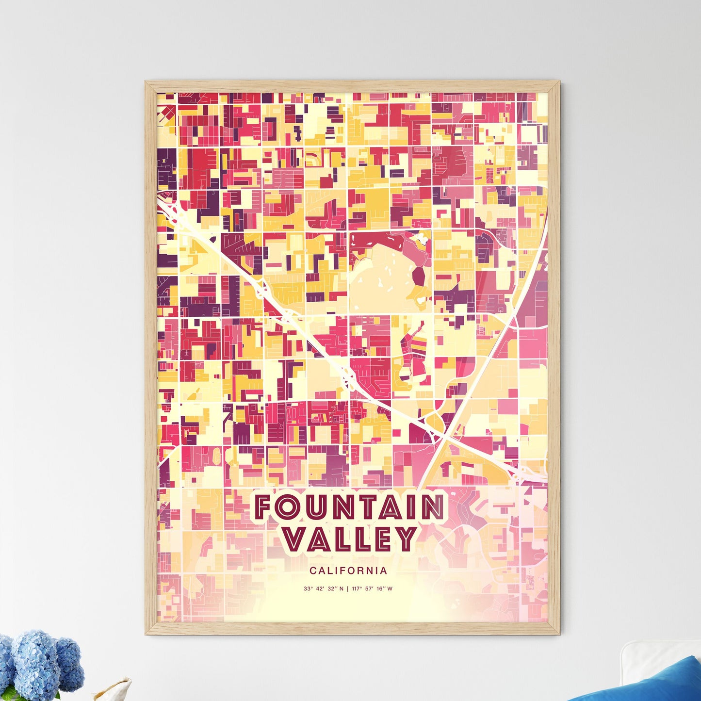 Colorful FOUNTAIN VALLEY CALIFORNIA Fine Art Map Hot Red