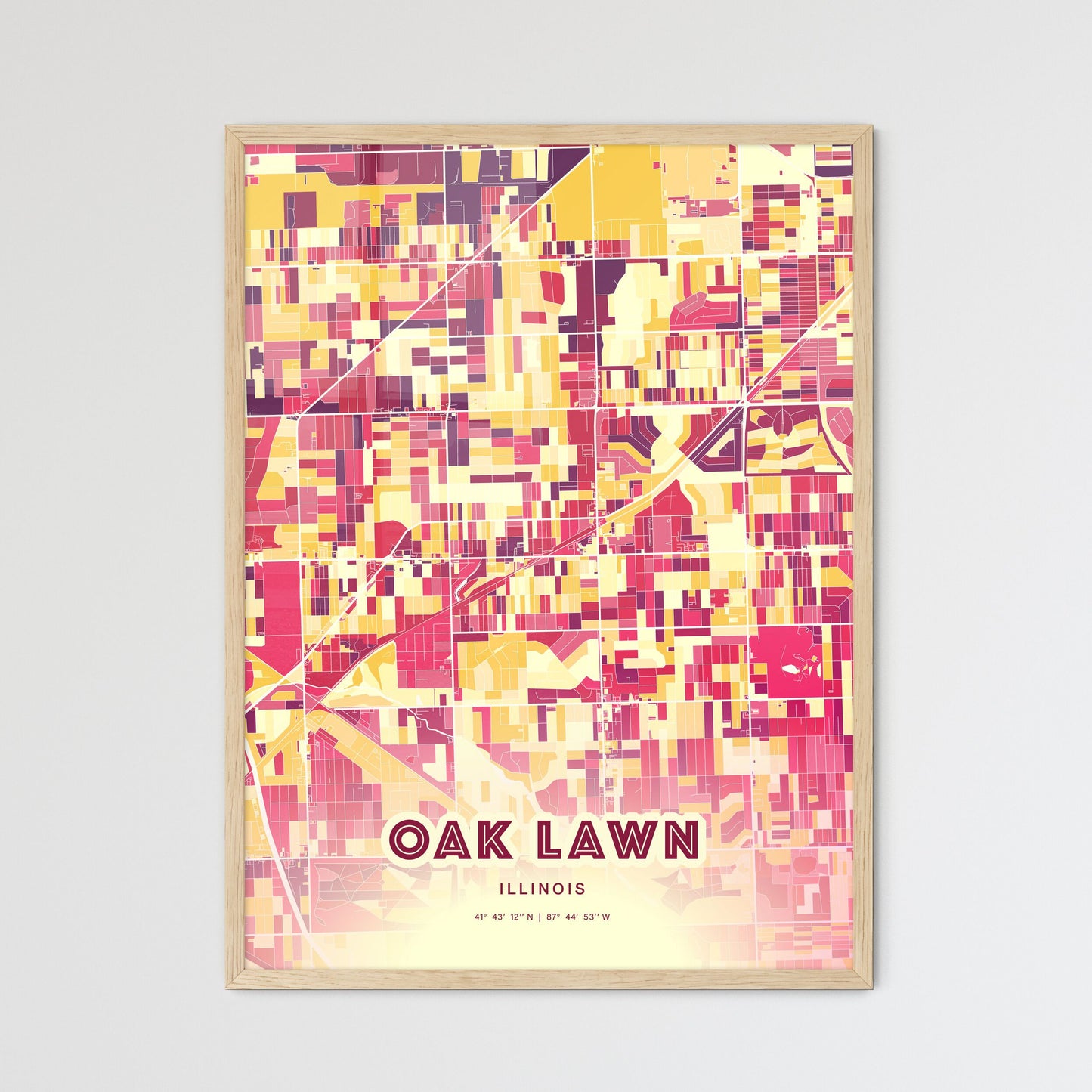 Colorful OAK LAWN ILLINOIS Fine Art Map Hot Red