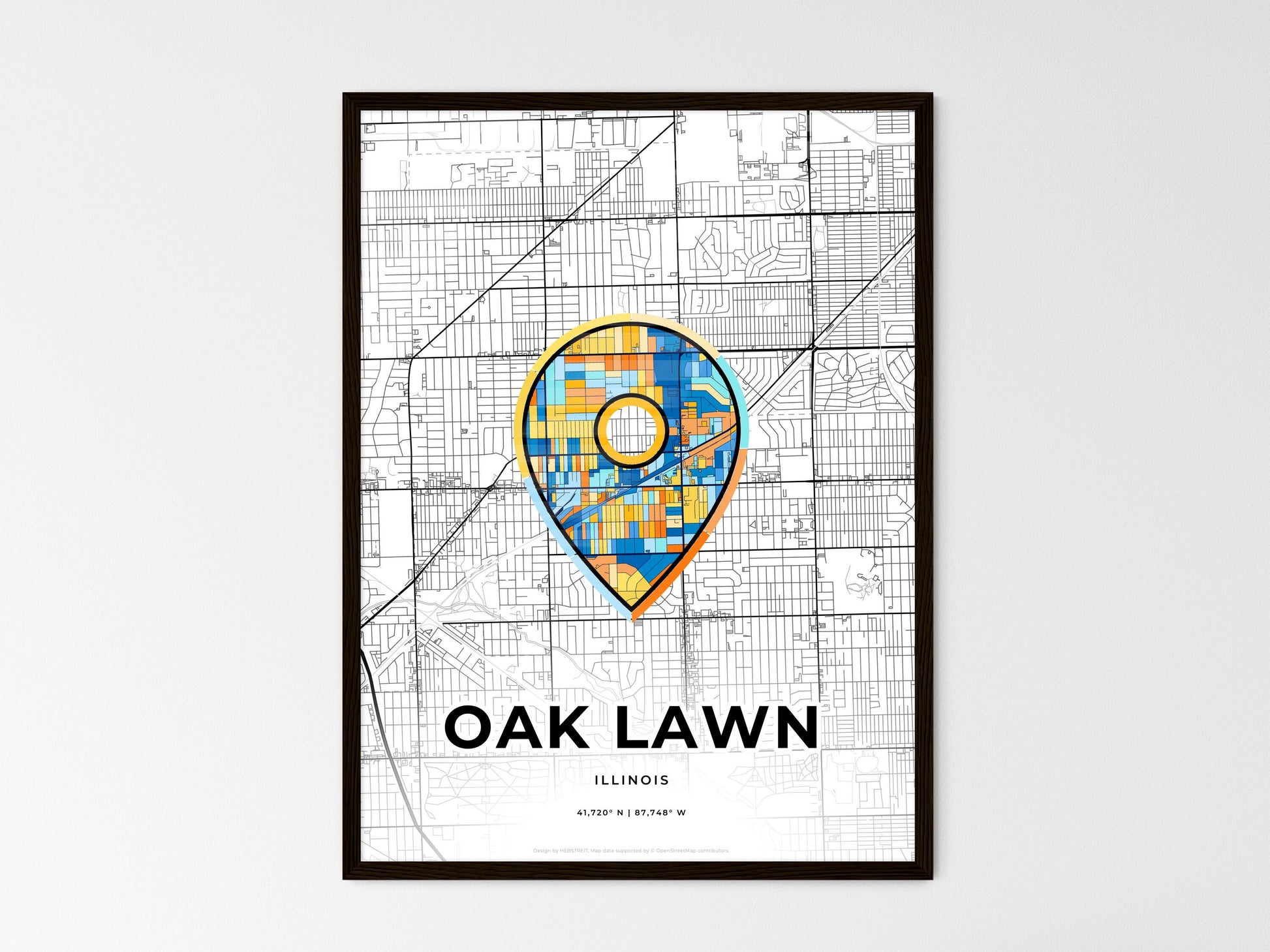 Oak Lawn Illinois wedding art map with pointer icon
