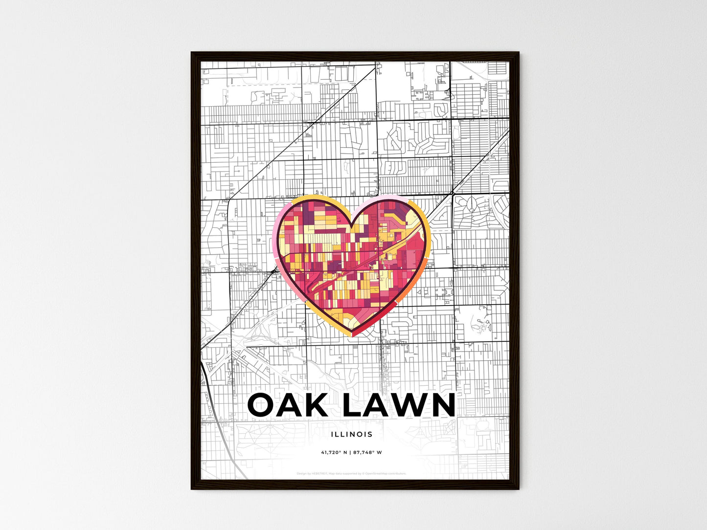 Oak Lawn Illinois wedding art map with heart icon
