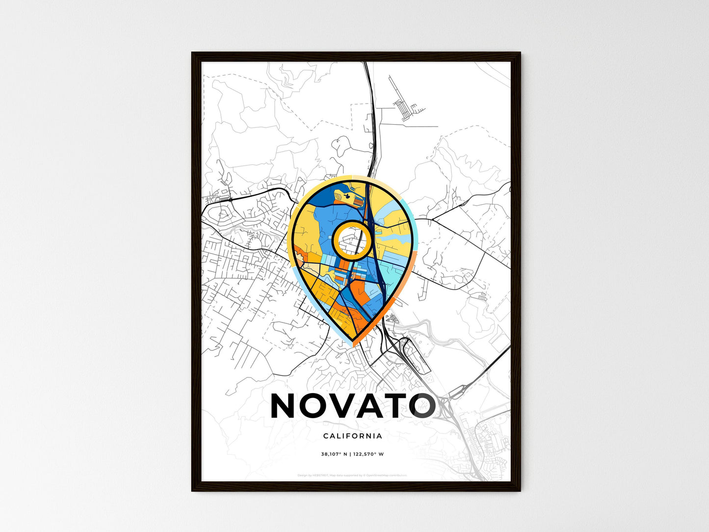 Novato California wedding art map with pointer icon