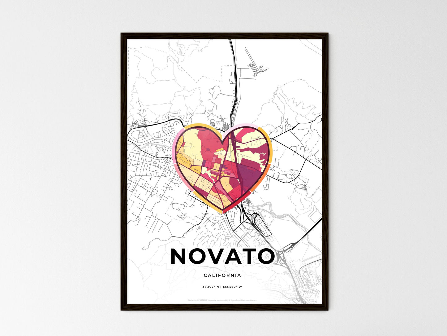 Novato California wedding art map with heart icon
