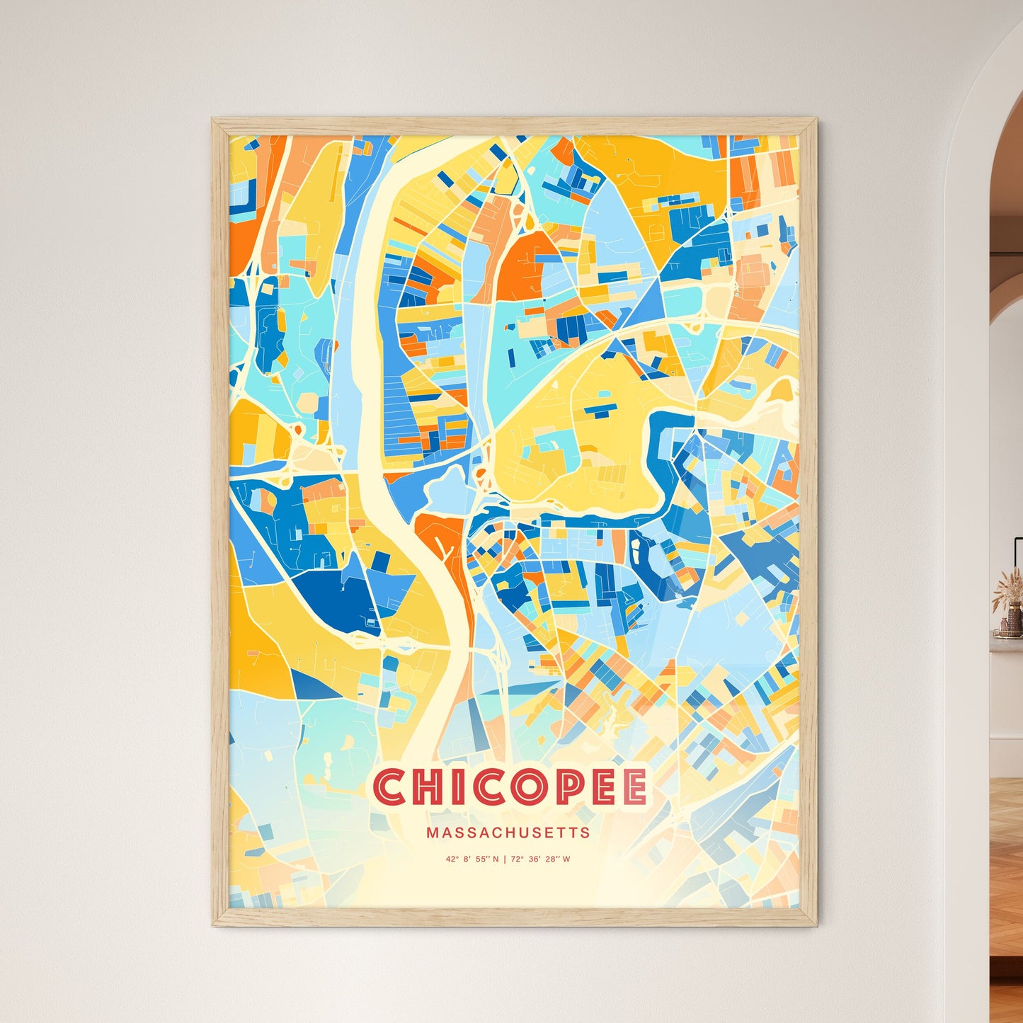 Colorful CHICOPEE MASSACHUSETTS Fine Art Map Blue Orange