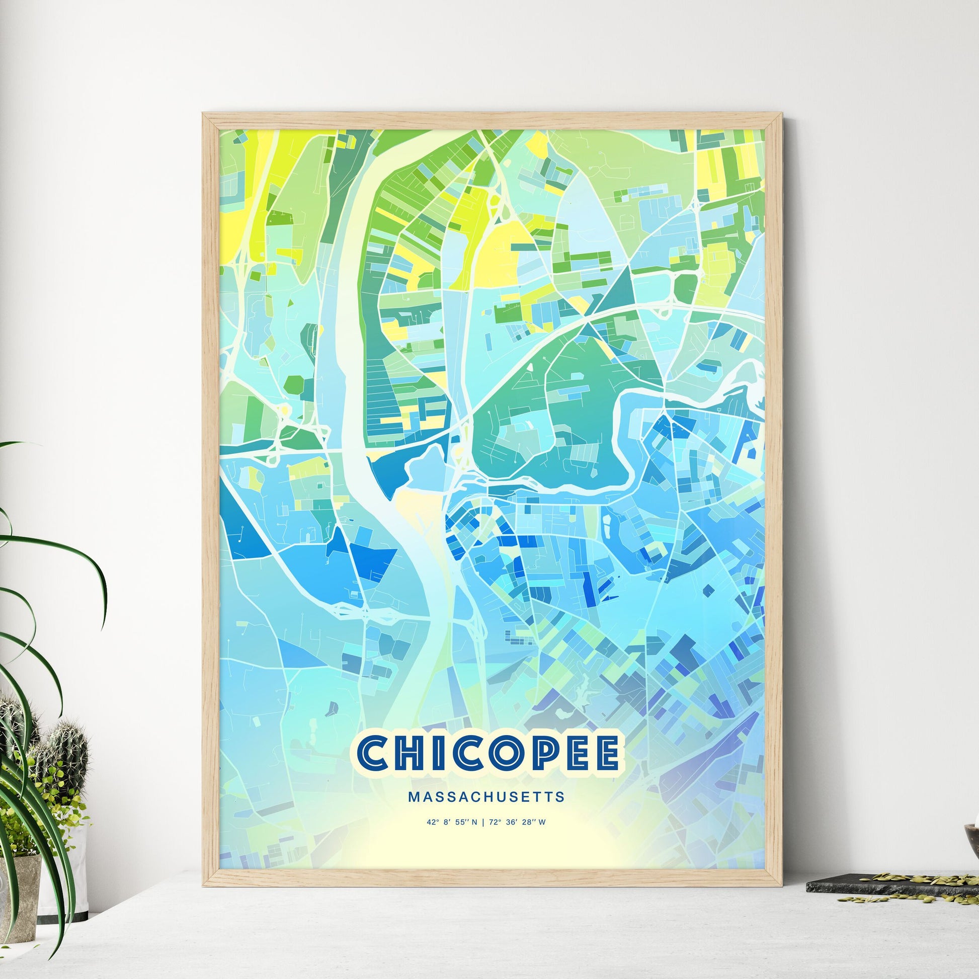 Colorful CHICOPEE MASSACHUSETTS Fine Art Map Cool Blue