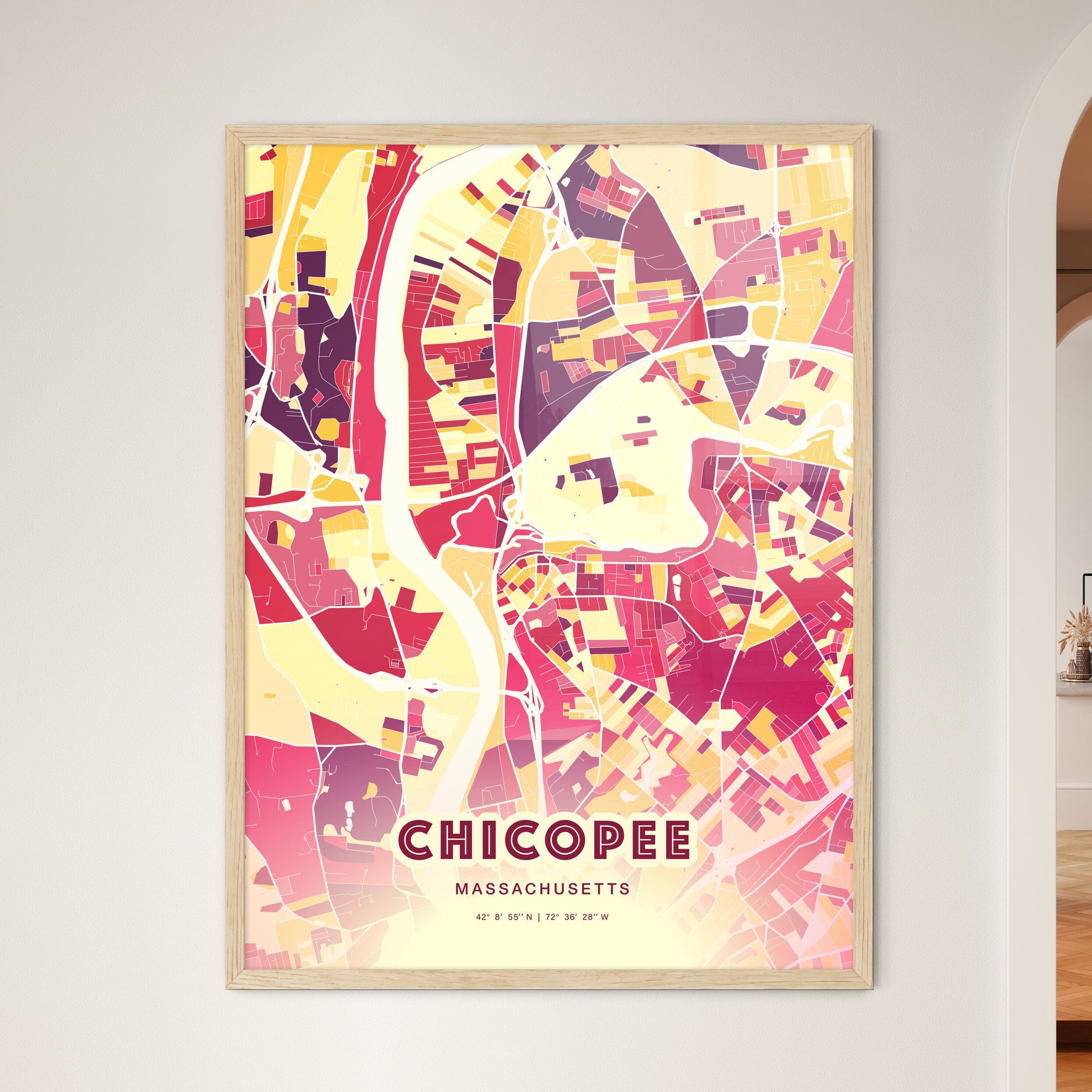 Colorful CHICOPEE MASSACHUSETTS Fine Art Map Hot Red