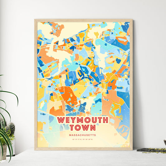 Colorful WEYMOUTH TOWN MASSACHUSETTS Fine Art Map Blue Orange