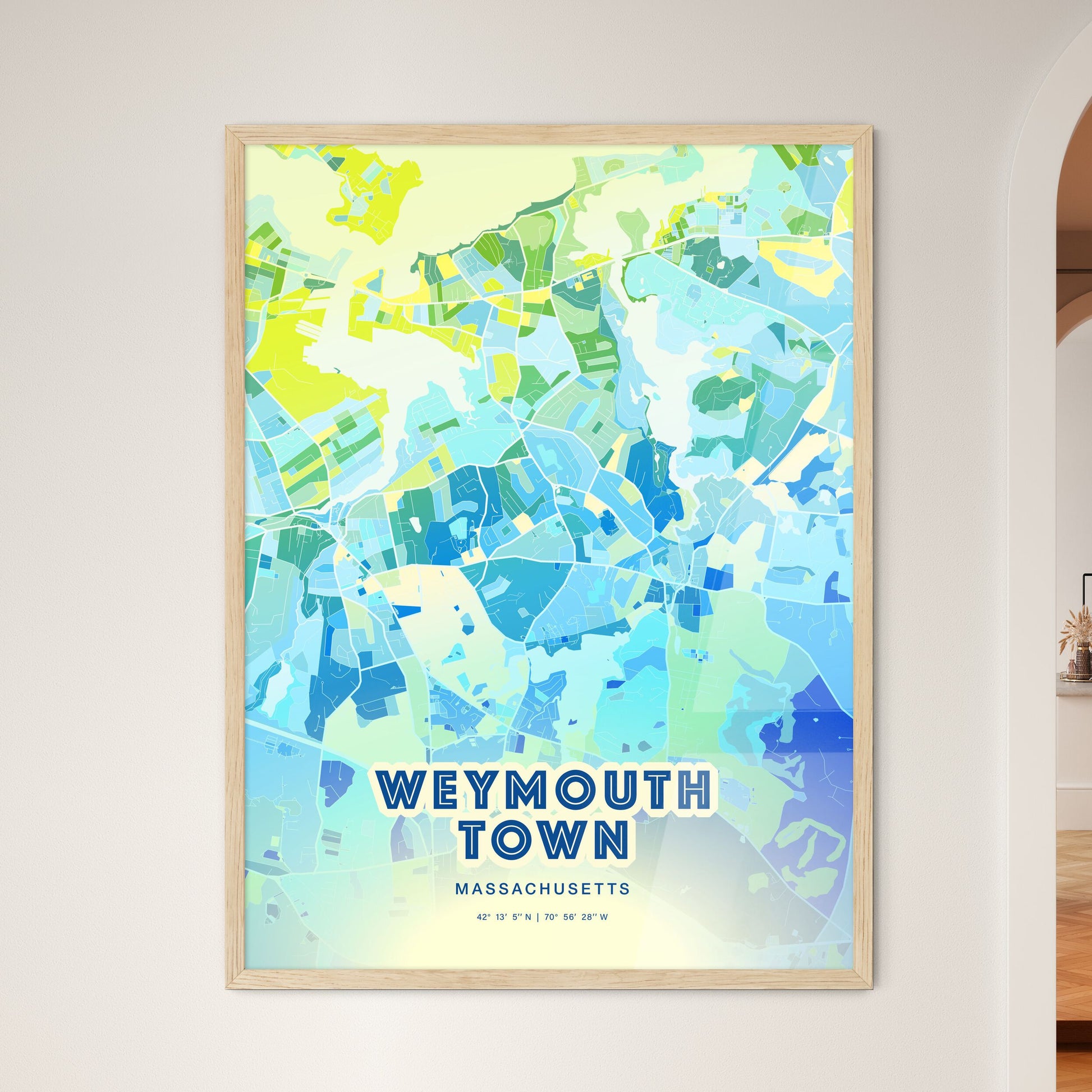 Colorful WEYMOUTH TOWN MASSACHUSETTS Fine Art Map Cool Blue