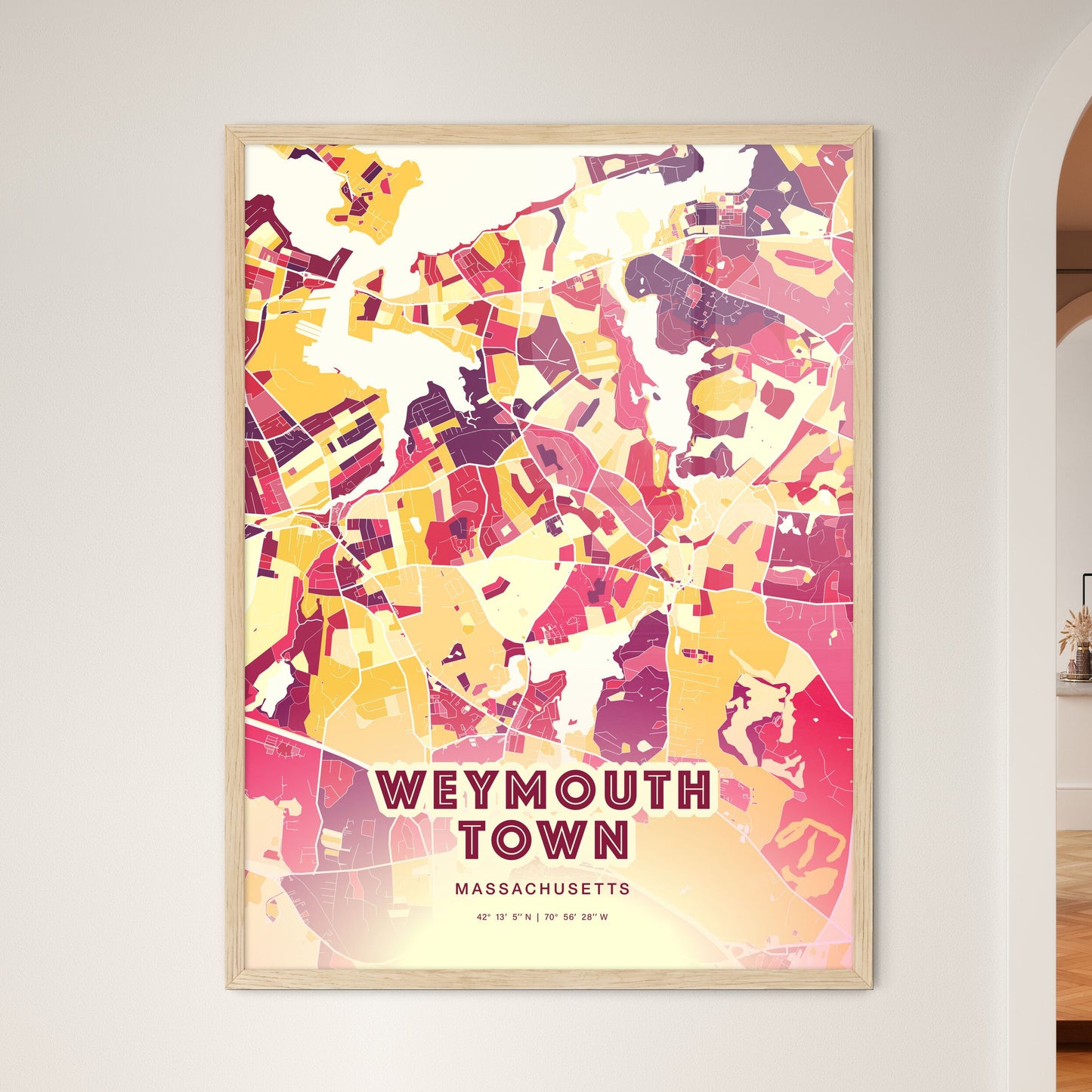 Colorful WEYMOUTH TOWN MASSACHUSETTS Fine Art Map Hot Red