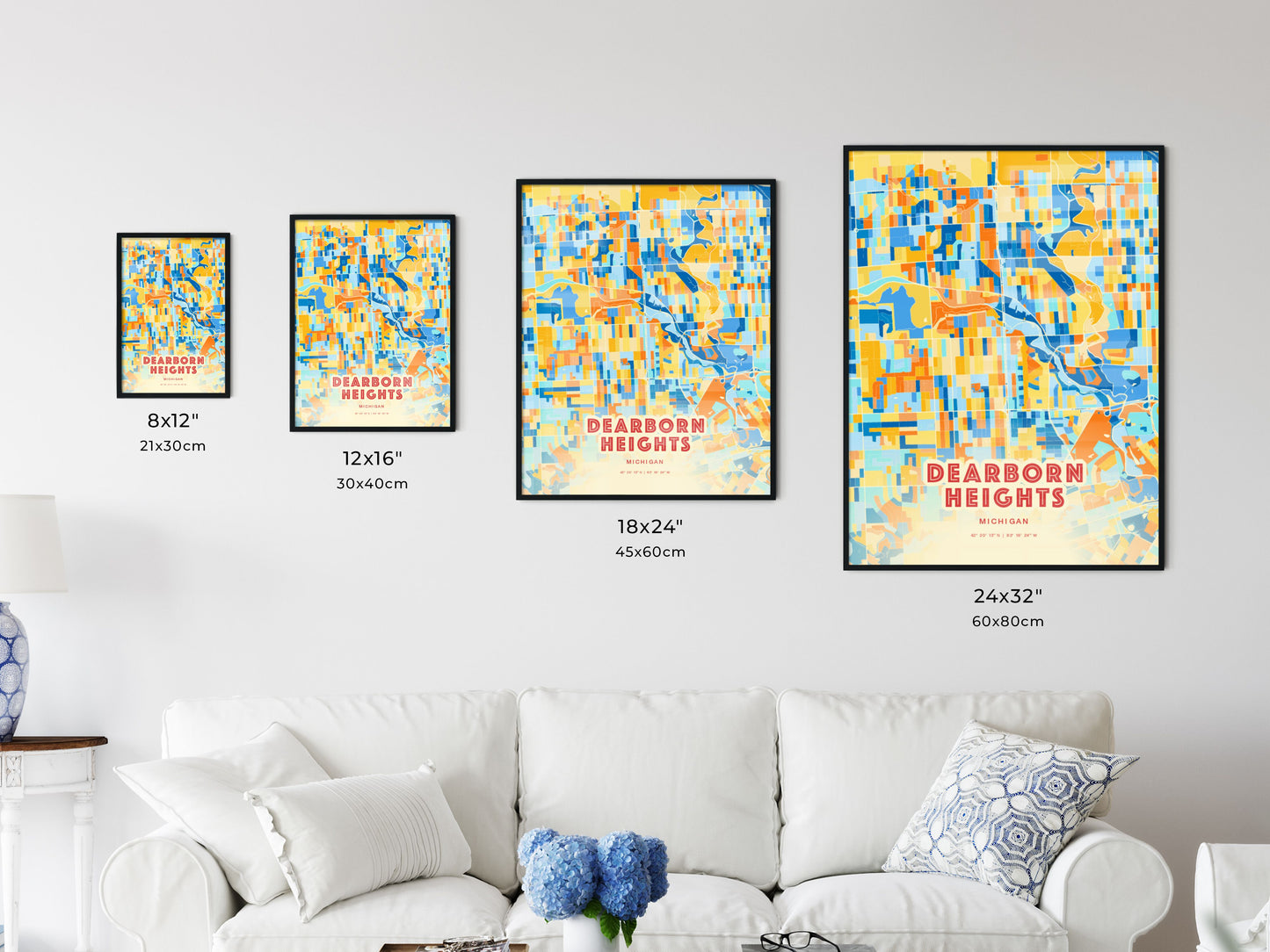 Colorful DEARBORN HEIGHTS MICHIGAN Fine Art Map Blue Orange