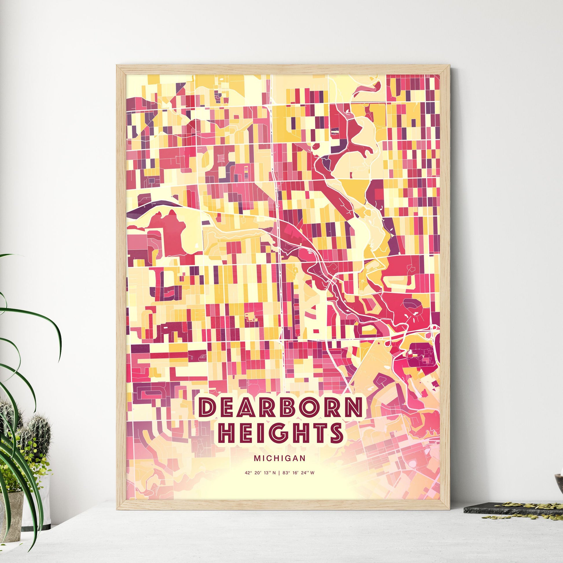 Colorful DEARBORN HEIGHTS MICHIGAN Fine Art Map Hot Red