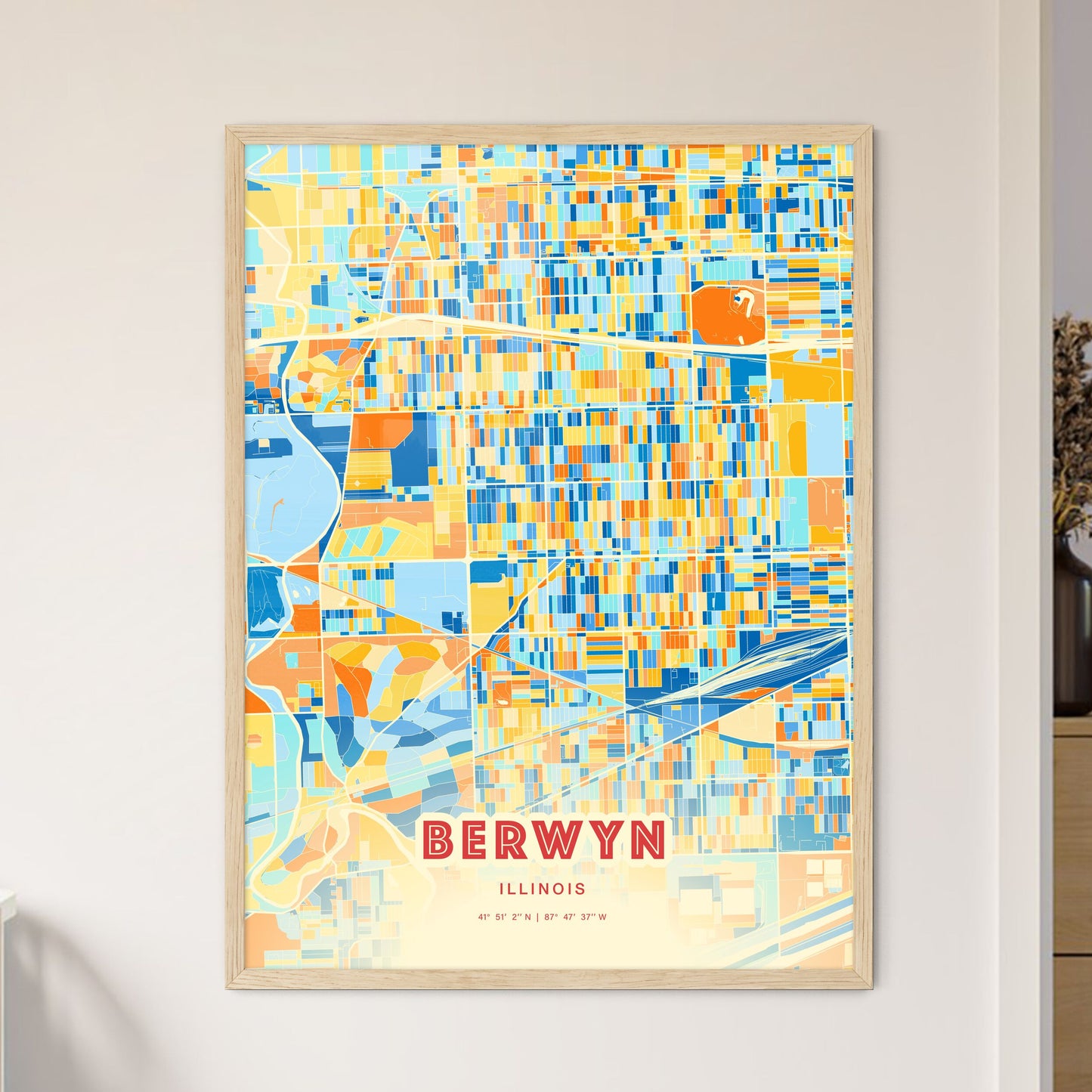 Colorful BERWYN ILLINOIS Fine Art Map Blue Orange