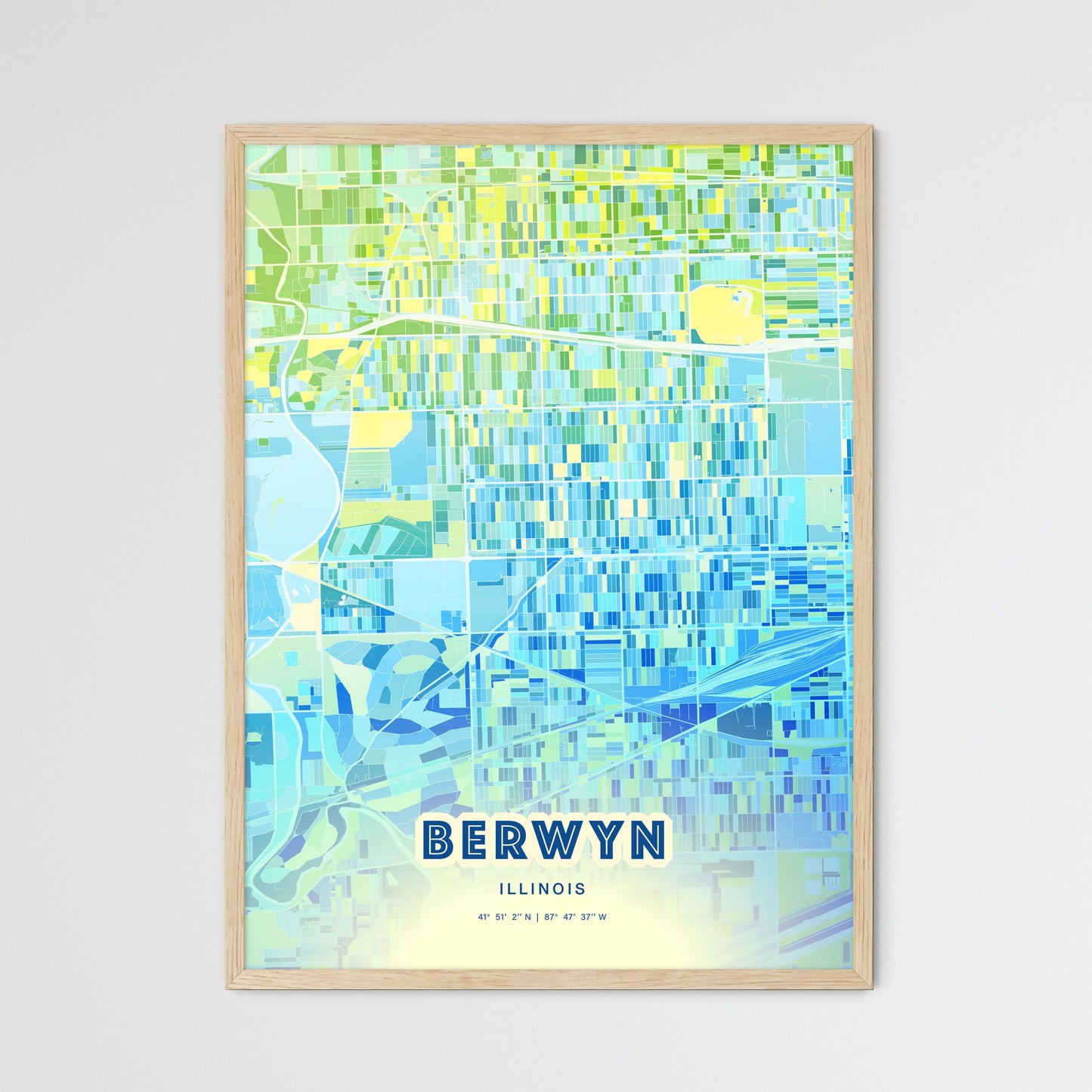 Colorful BERWYN ILLINOIS Fine Art Map Cool Blue