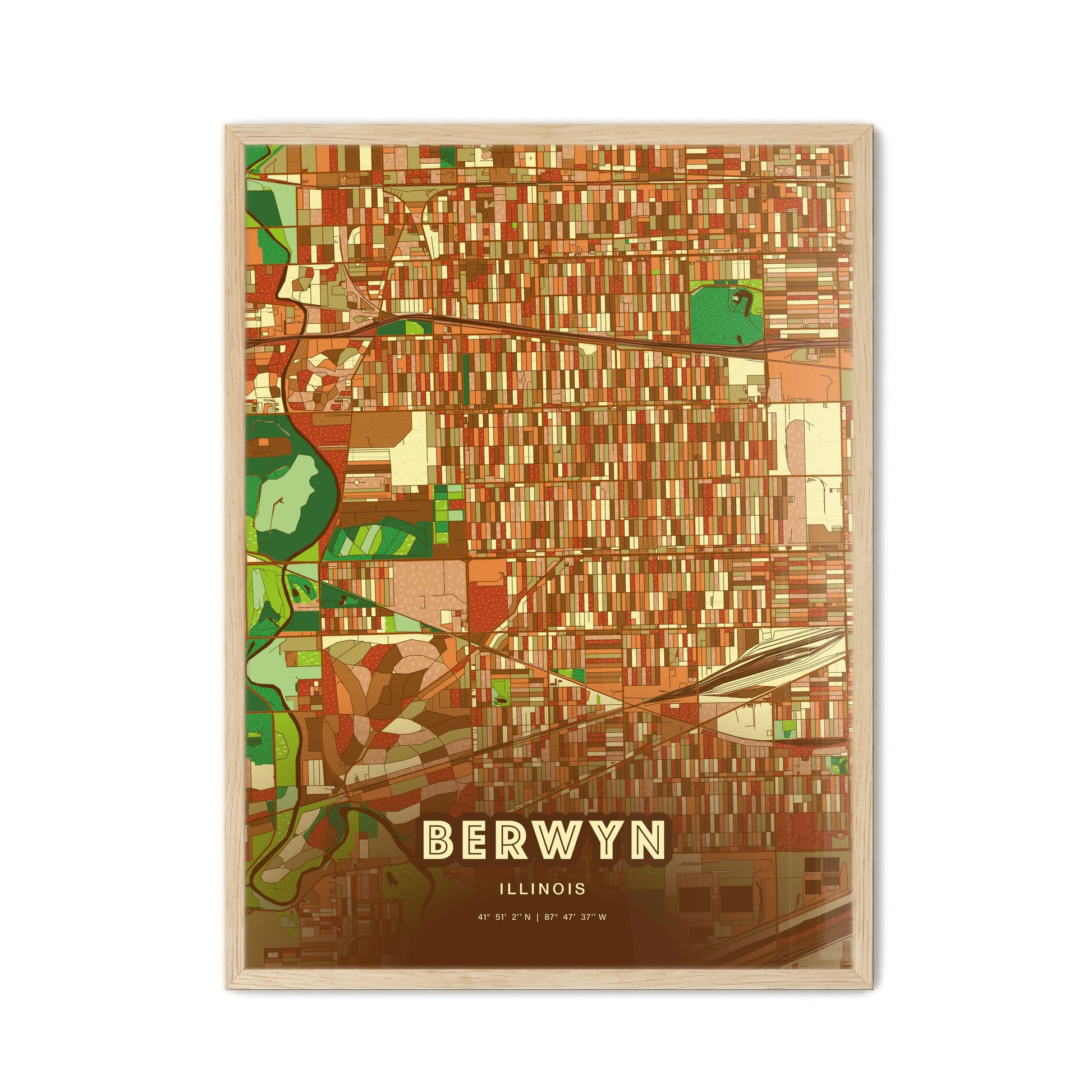 Colorful BERWYN ILLINOIS Fine Art Map Farmhouse