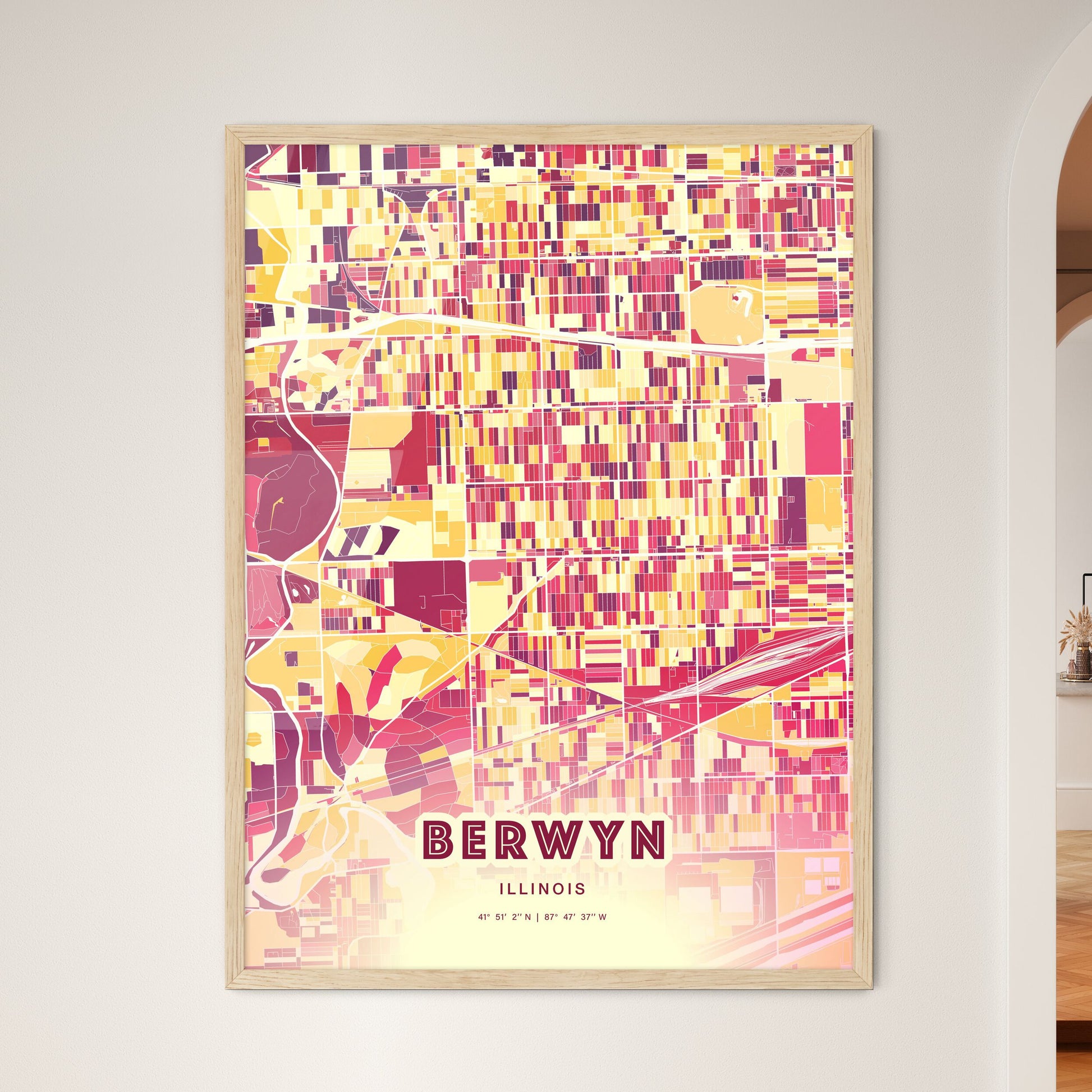 Colorful BERWYN ILLINOIS Fine Art Map Hot Red