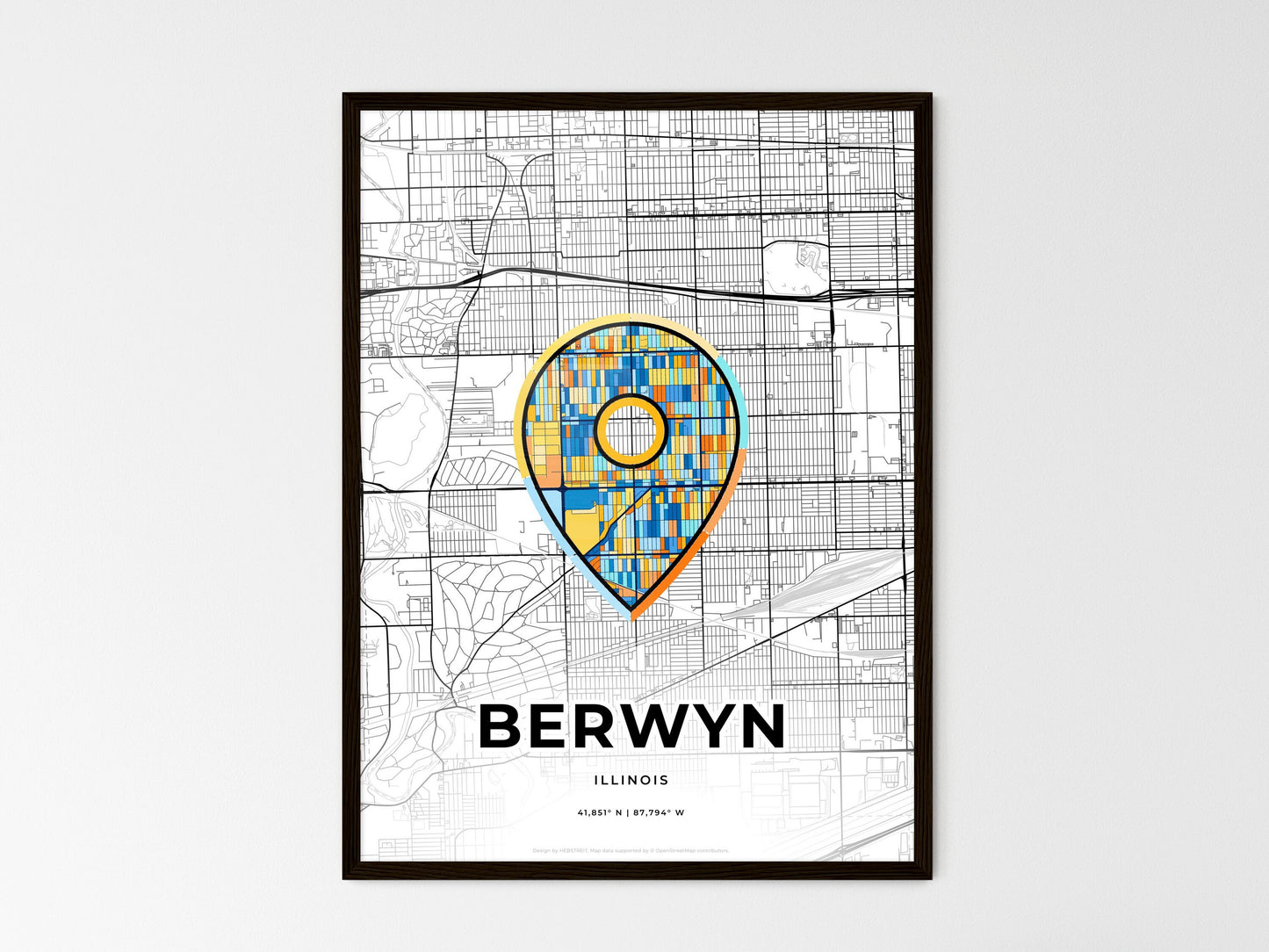 Berwyn Illinois wedding art map with pointer icon
