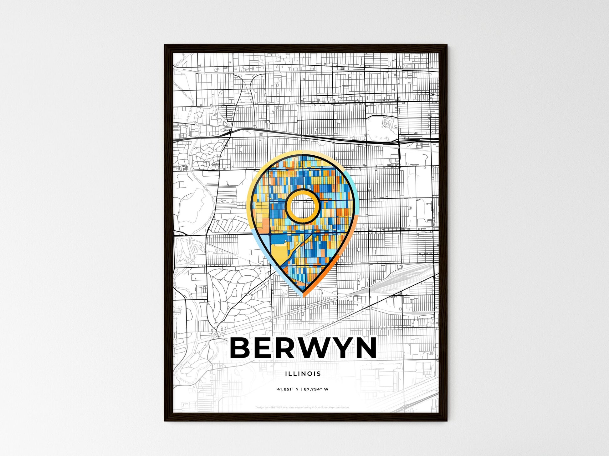 Berwyn Illinois wedding art map with pointer icon