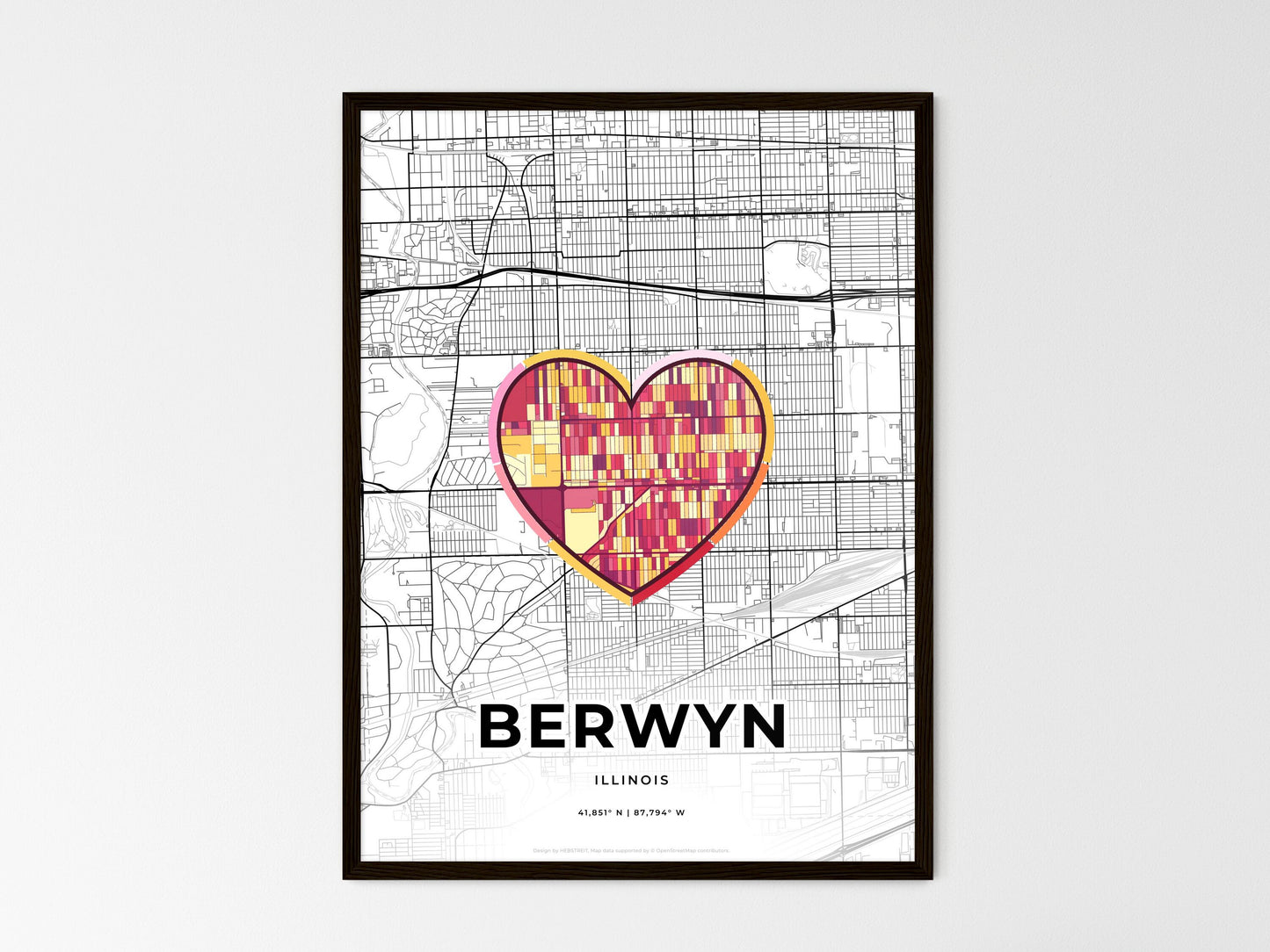 Berwyn Illinois wedding art map with heart icon