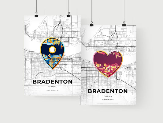BRADENTON FLORIDA minimal art map with a colorful icon. Where it all began, Couple map gift.