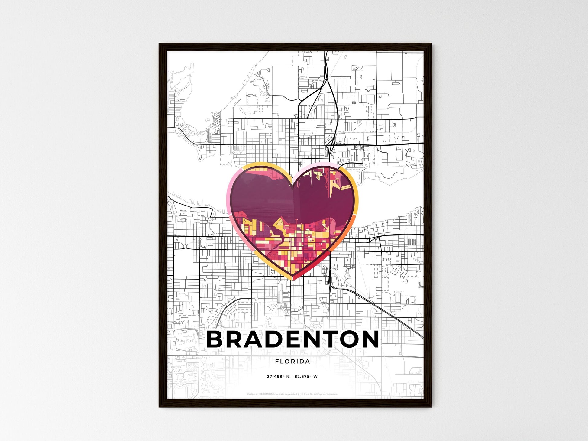 Bradenton Florida wedding art map with heart icon