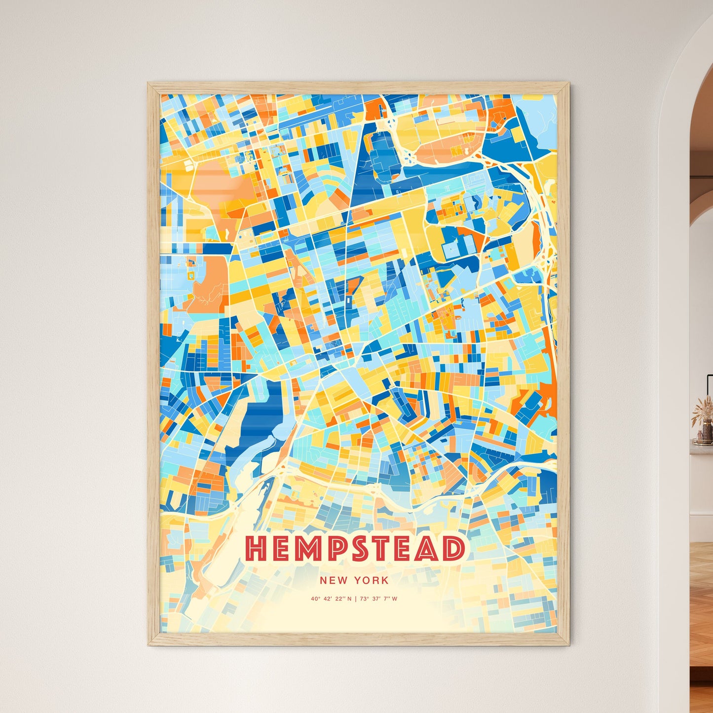 Colorful HEMPSTEAD NEW YORK Fine Art Map Blue Orange