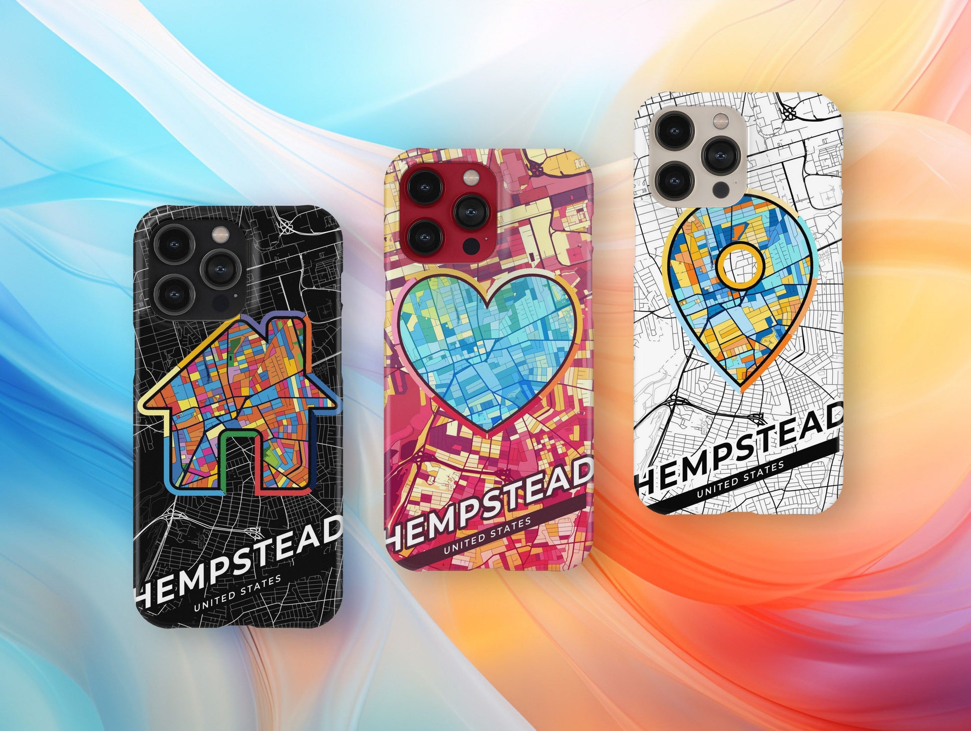 Hempstead New York slim phone case with colorful icon. Birthday, wedding or housewarming gift. Couple match cases.