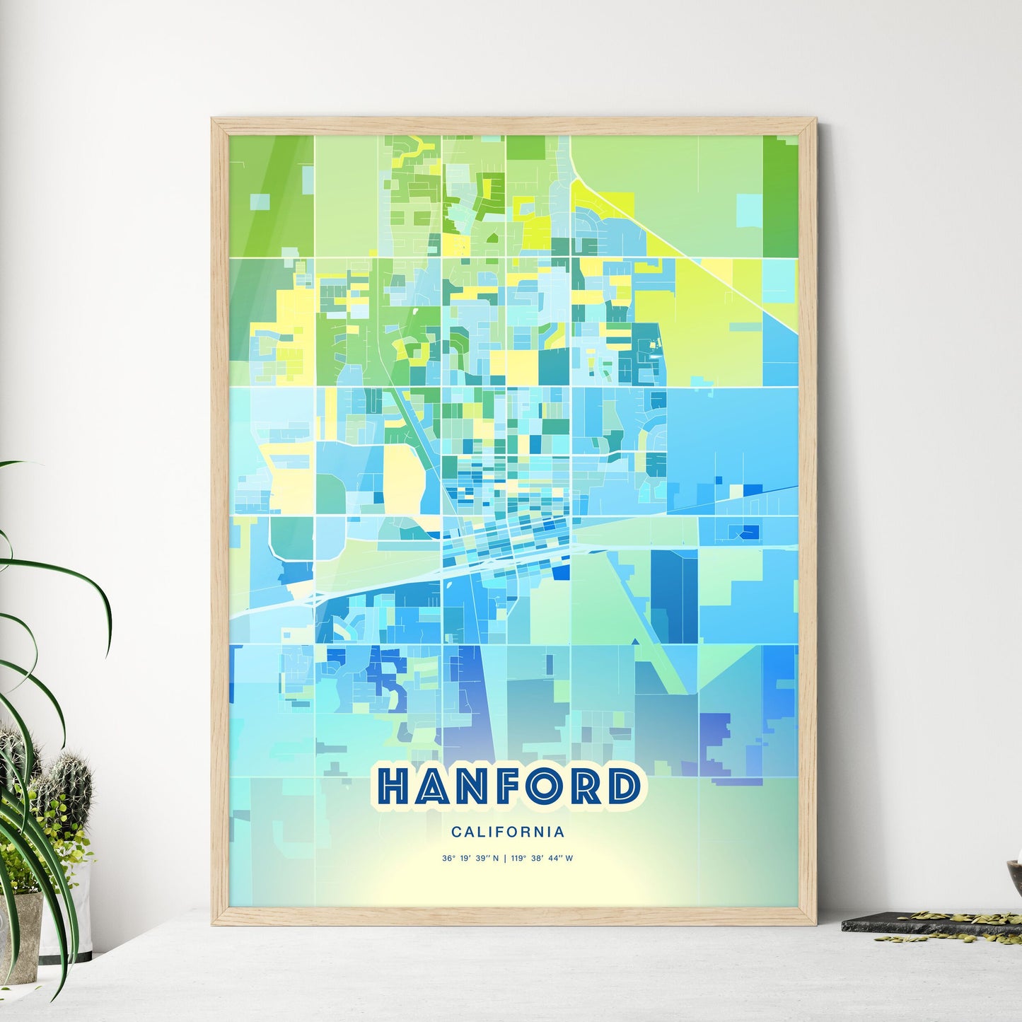 Colorful HANFORD CALIFORNIA Fine Art Map Cool Blue