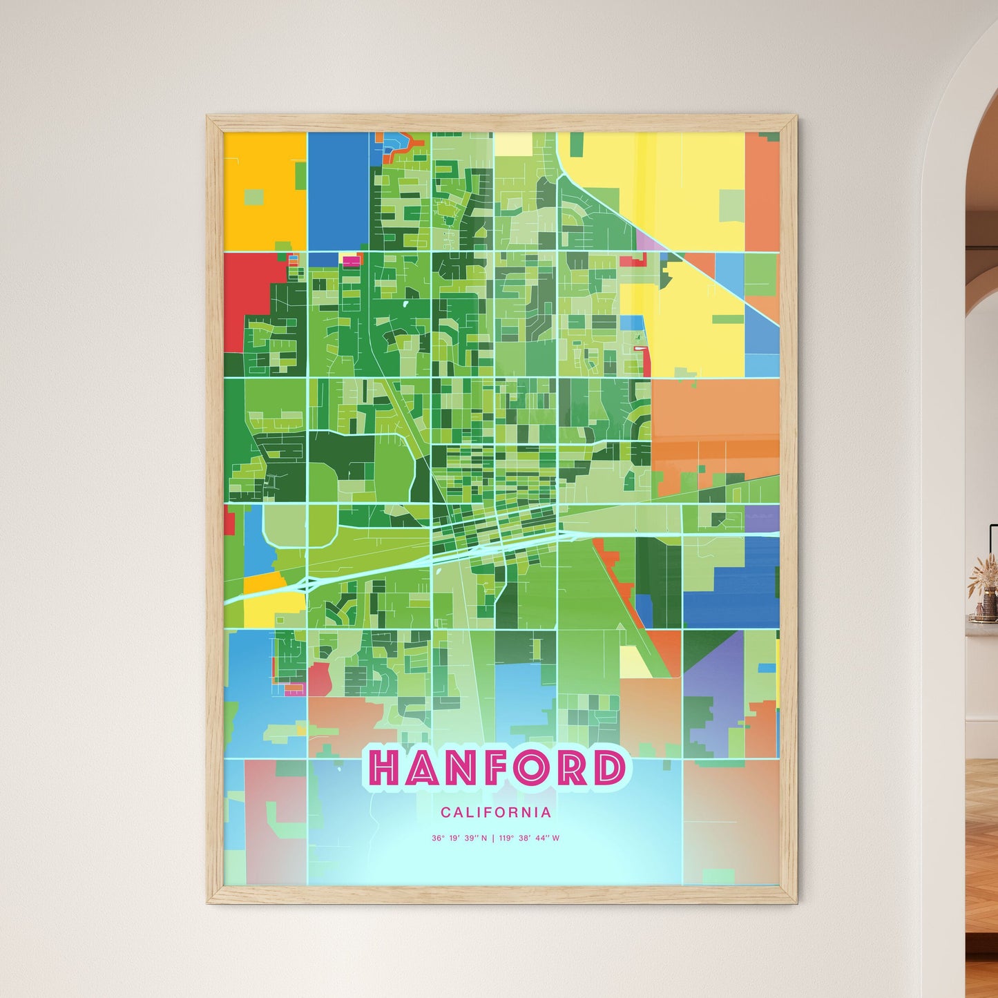 Colorful HANFORD CALIFORNIA Fine Art Map Crazy Colors