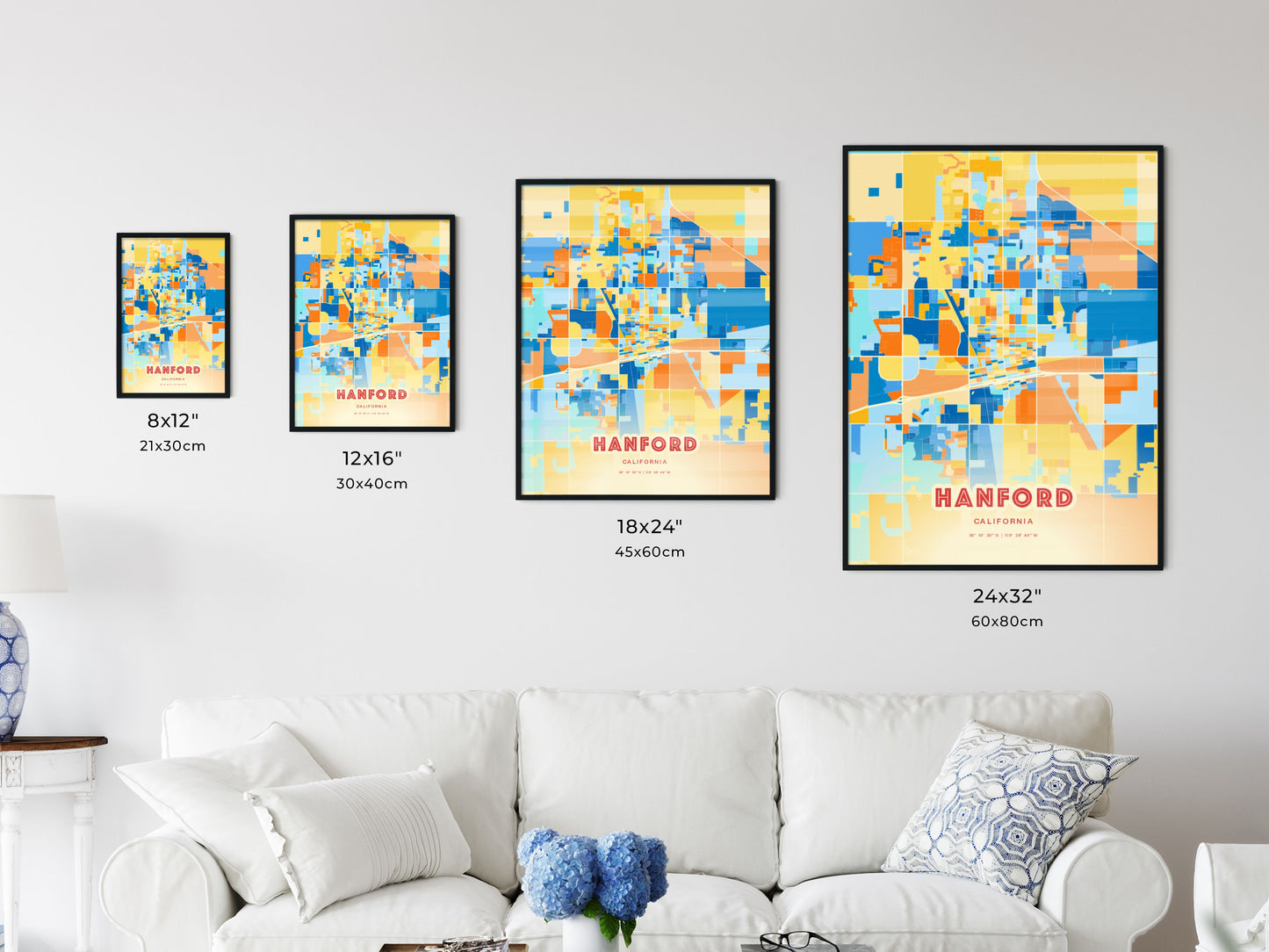 Colorful HANFORD CALIFORNIA Fine Art Map Blue Orange