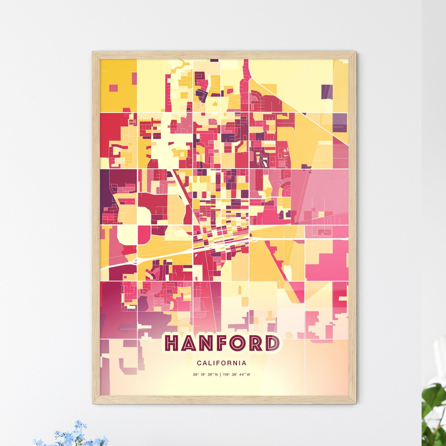 Colorful HANFORD CALIFORNIA Fine Art Map Hot Red