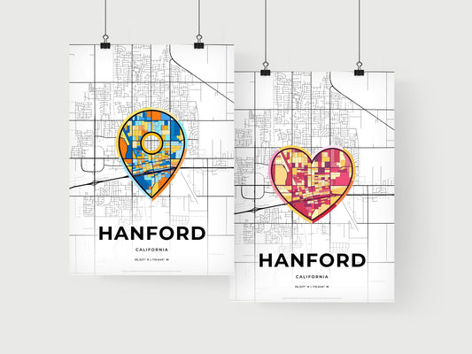 HANFORD CALIFORNIA minimal art map with a colorful icon. Where it all began, Couple map gift.