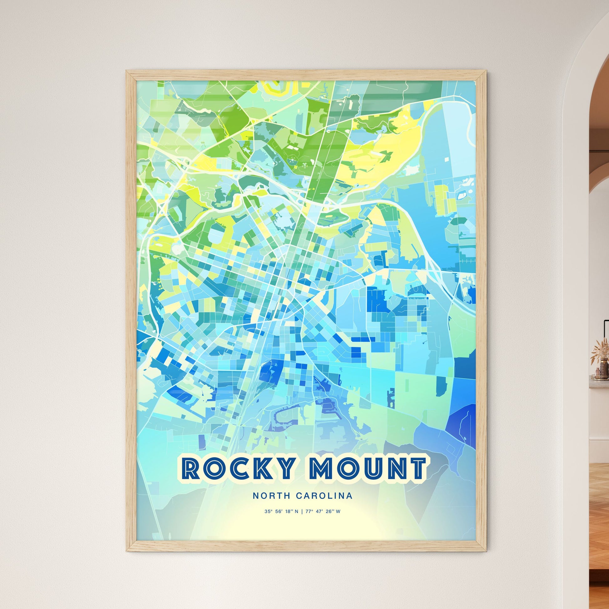 Colorful ROCKY MOUNT NORTH CAROLINA Fine Art Map Cool Blue