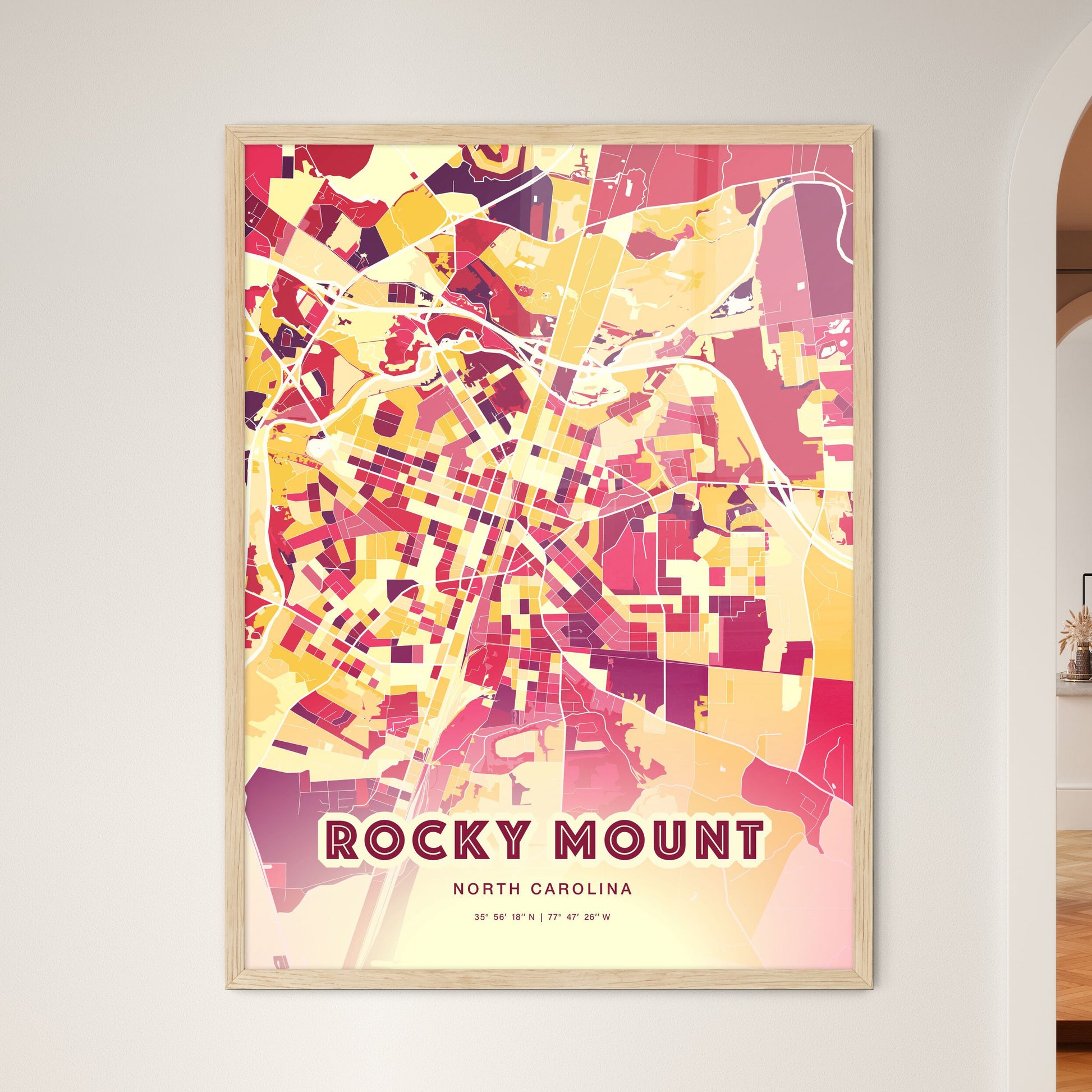 Colorful ROCKY MOUNT NORTH CAROLINA Fine Art Map Hot Red