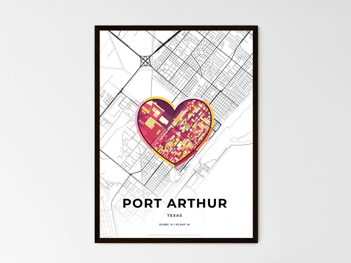 Port Arthur Texas wedding art map with heart icon