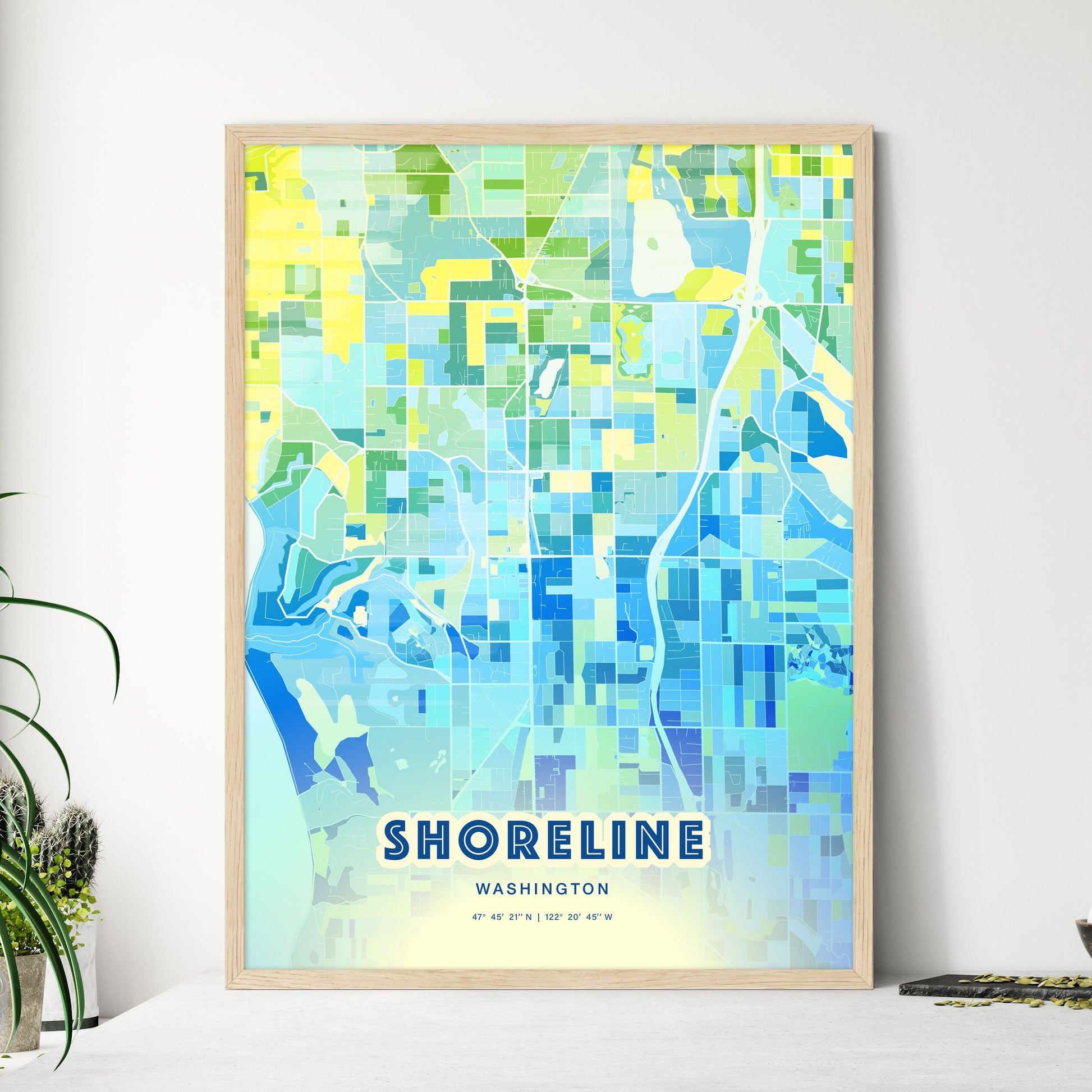 Colorful SHORELINE WASHINGTON Fine Art Map Cool Blue