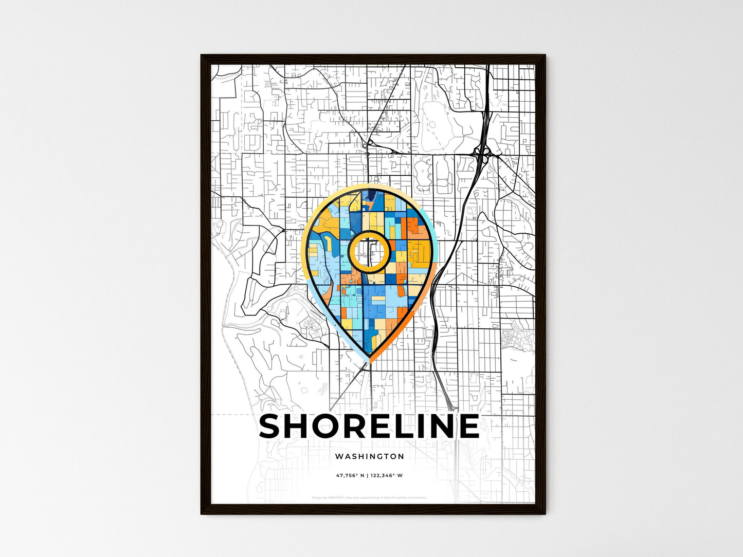 Shoreline Washington wedding art map with pointer icon
