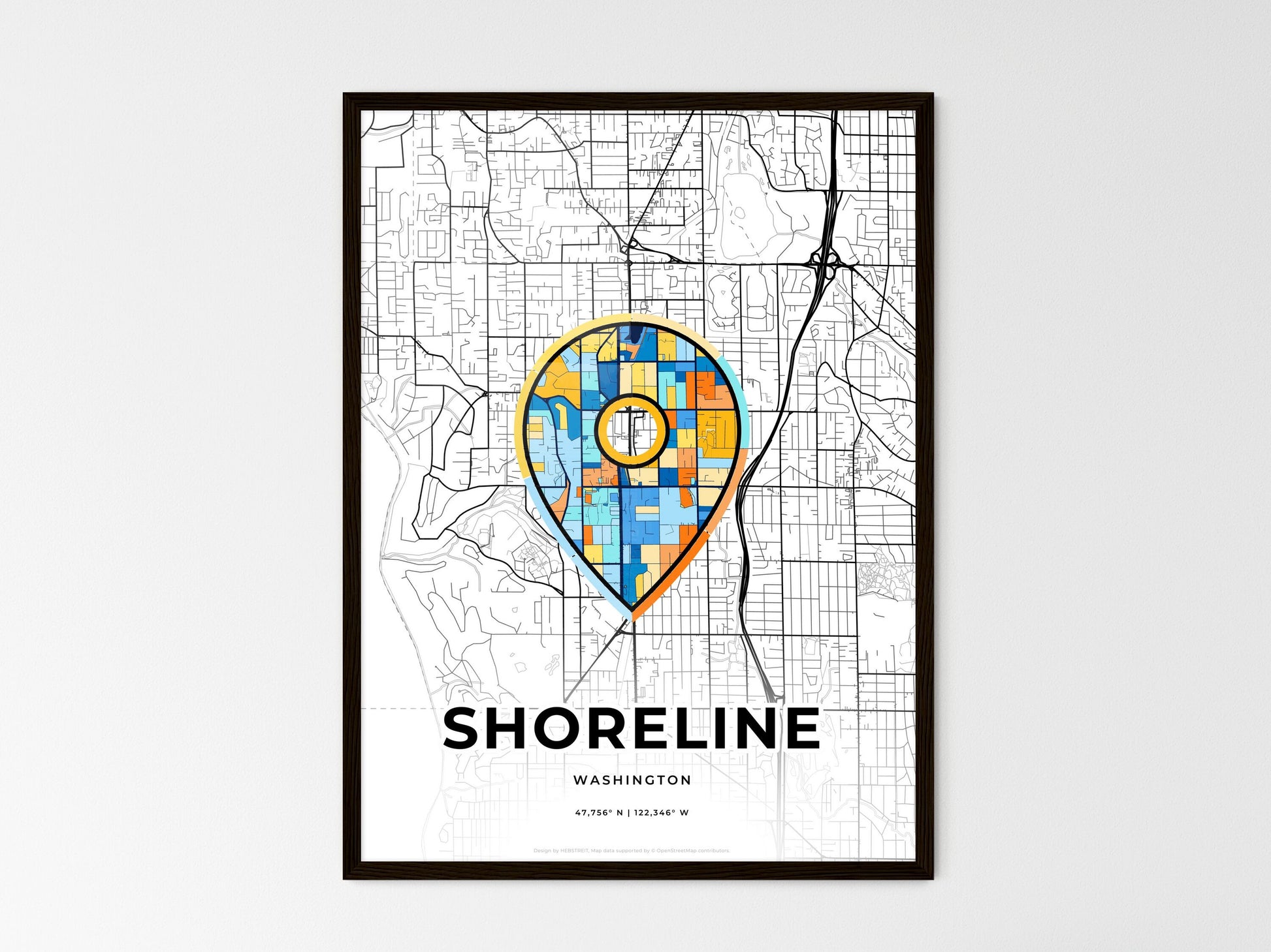 Shoreline Washington wedding art map with pointer icon