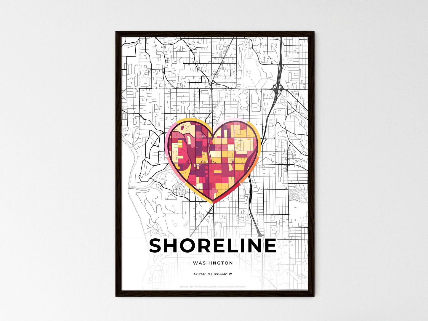 Shoreline Washington wedding art map with heart icon