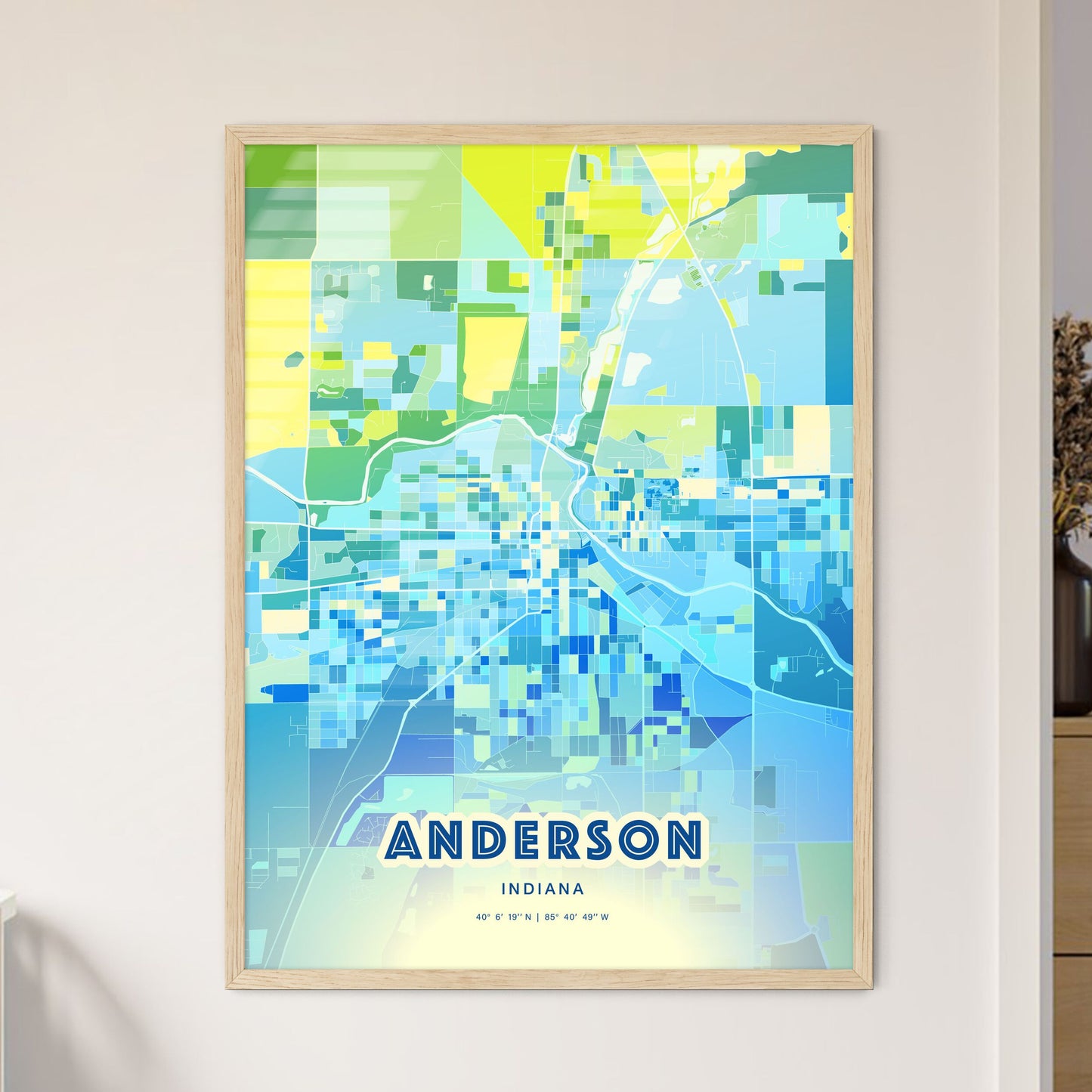 Colorful ANDERSON INDIANA Fine Art Map Cool Blue