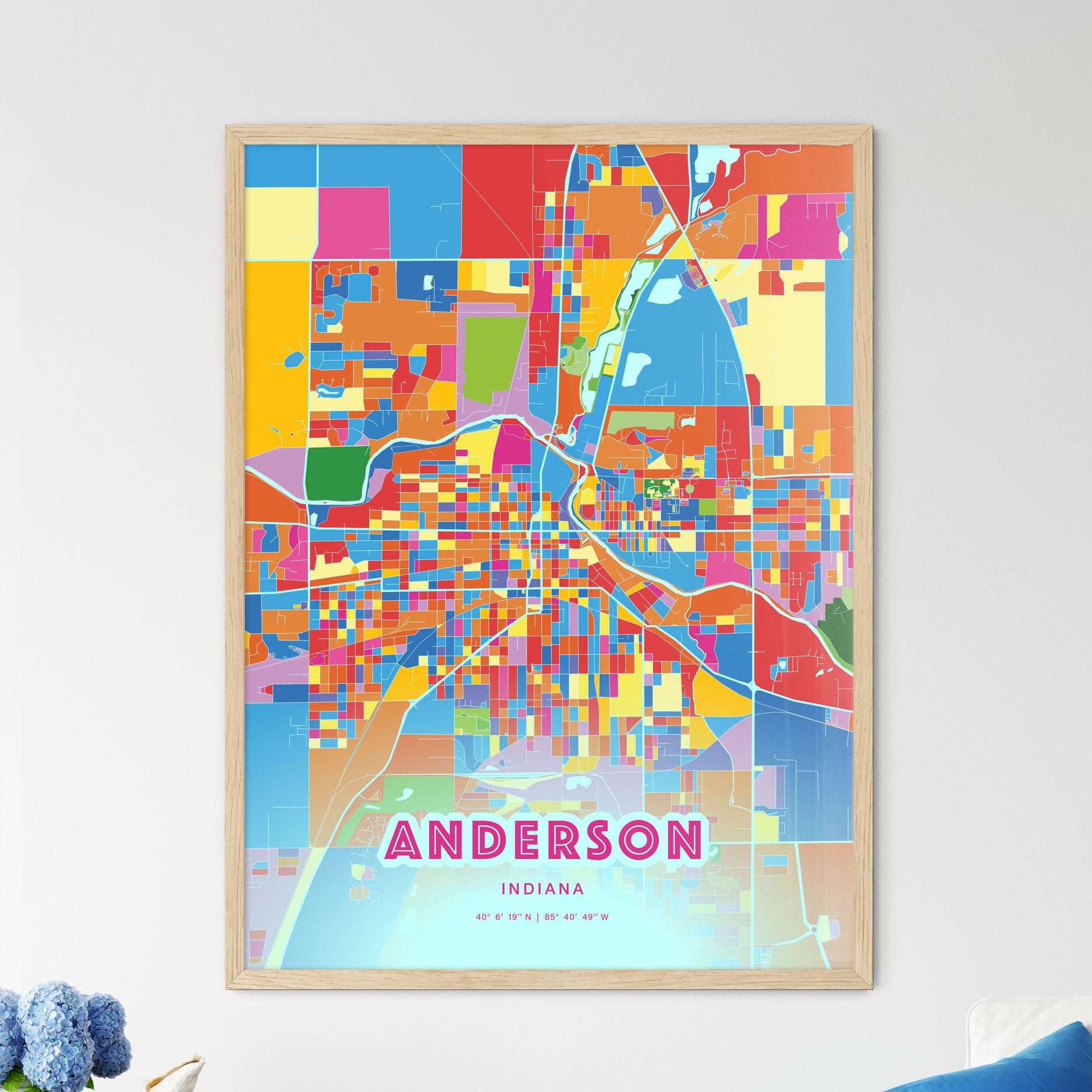 Colorful ANDERSON INDIANA Fine Art Map Crazy Colors