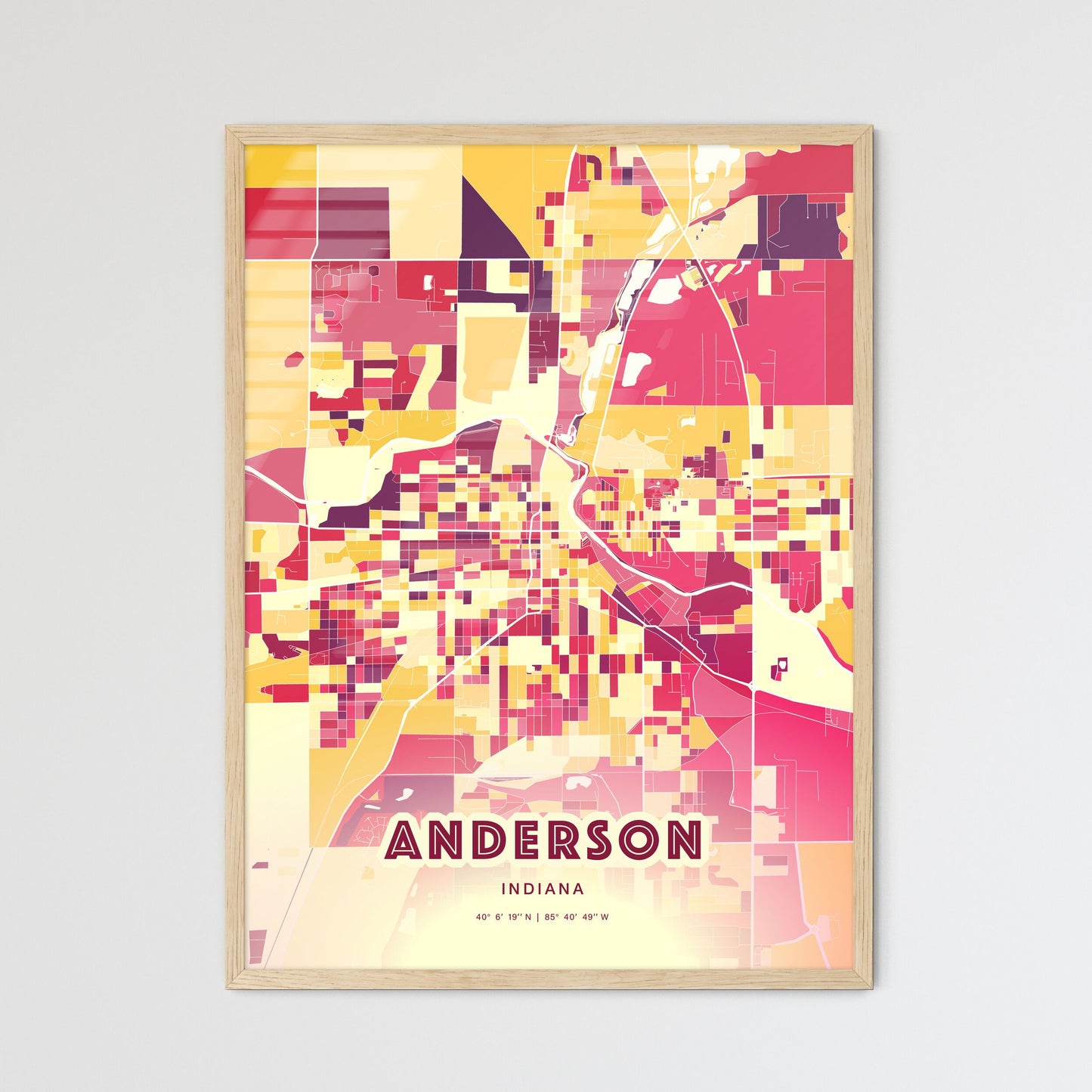 Colorful ANDERSON INDIANA Fine Art Map Hot Red