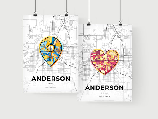 ANDERSON INDIANA minimal art map with a colorful icon. Where it all began, Couple map gift.