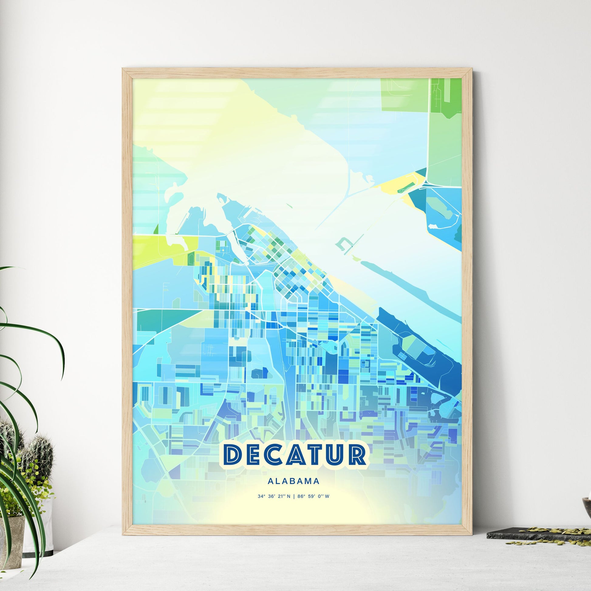 Colorful DECATUR ALABAMA Fine Art Map Cool Blue