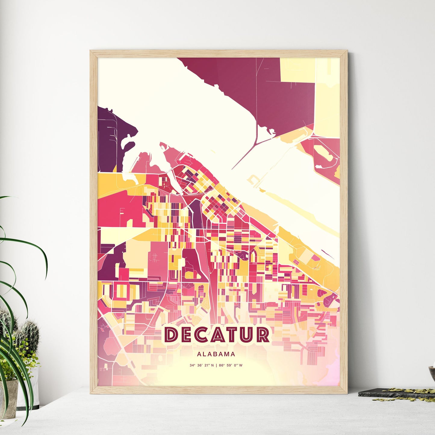 Colorful DECATUR ALABAMA Fine Art Map Hot Red