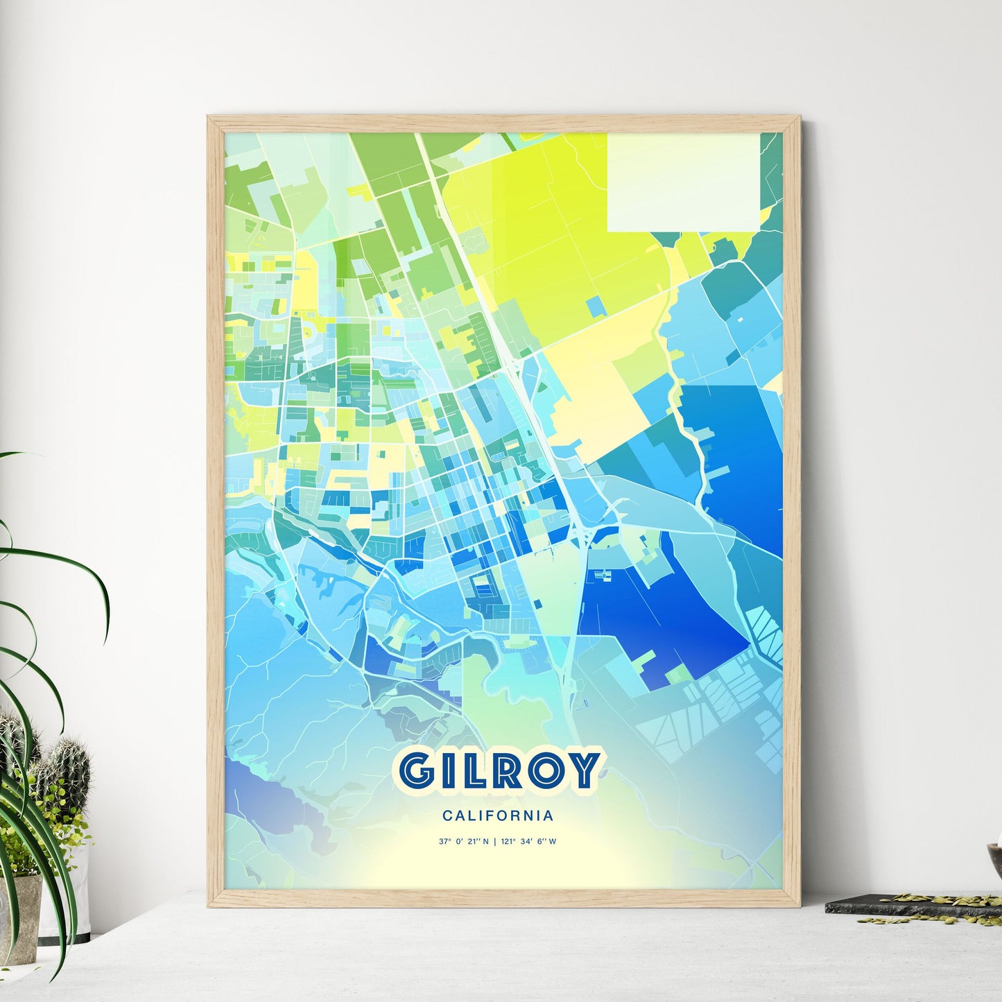 Colorful GILROY CALIFORNIA Fine Art Map Cool Blue