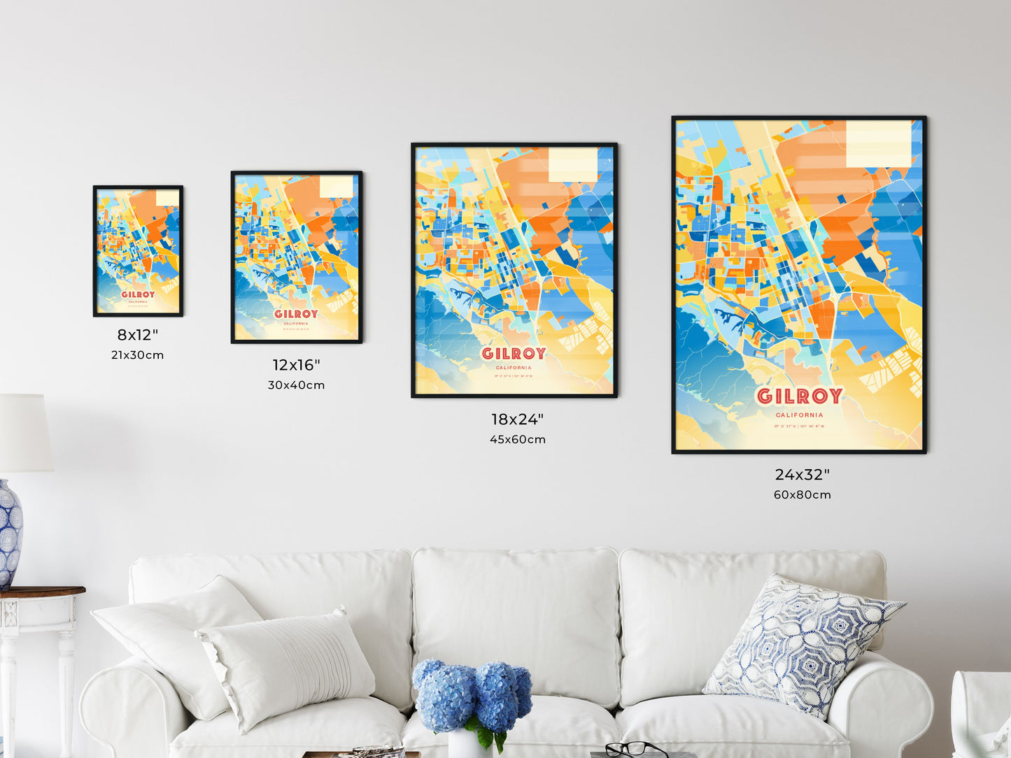 Colorful GILROY CALIFORNIA Fine Art Map Blue Orange