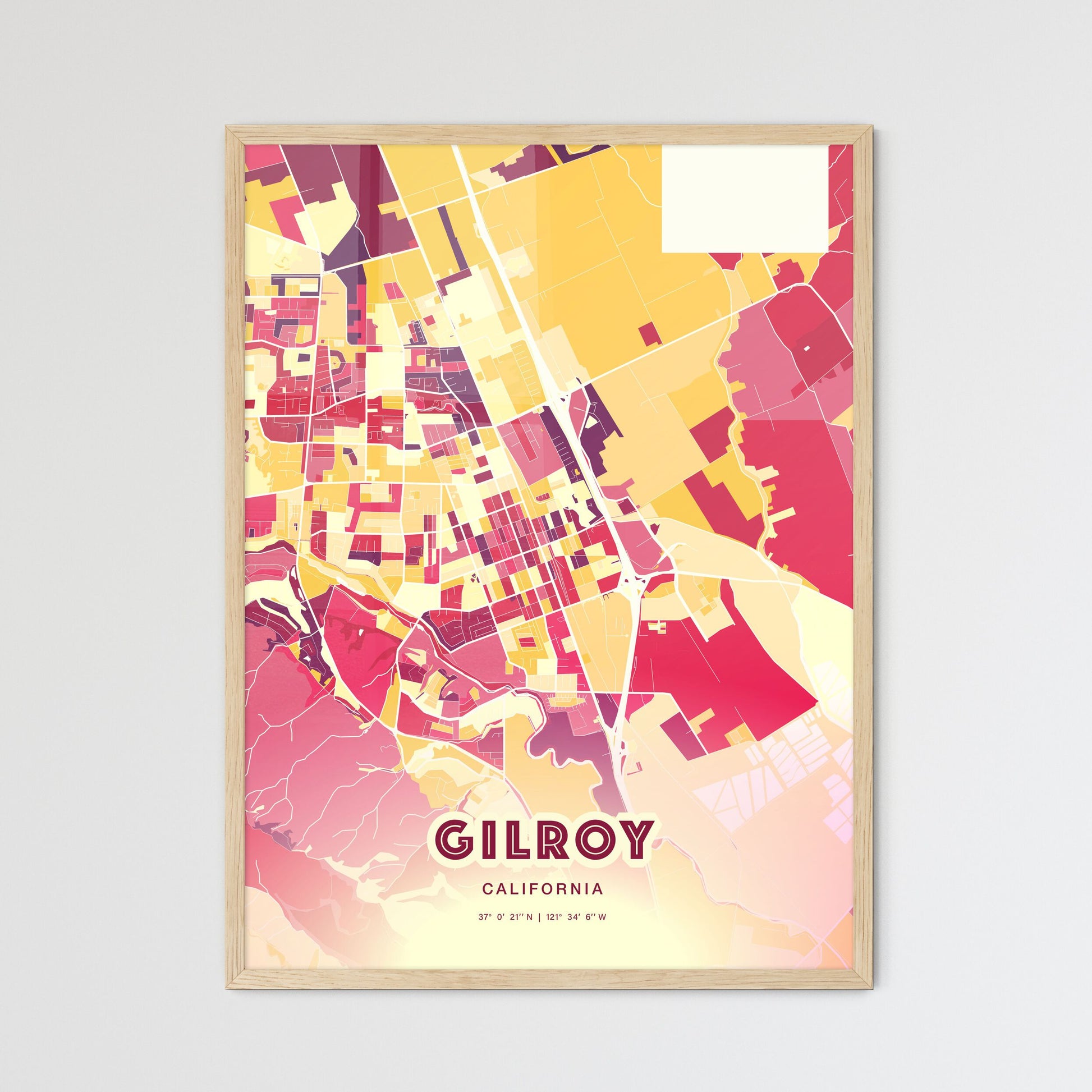 Colorful GILROY CALIFORNIA Fine Art Map Hot Red